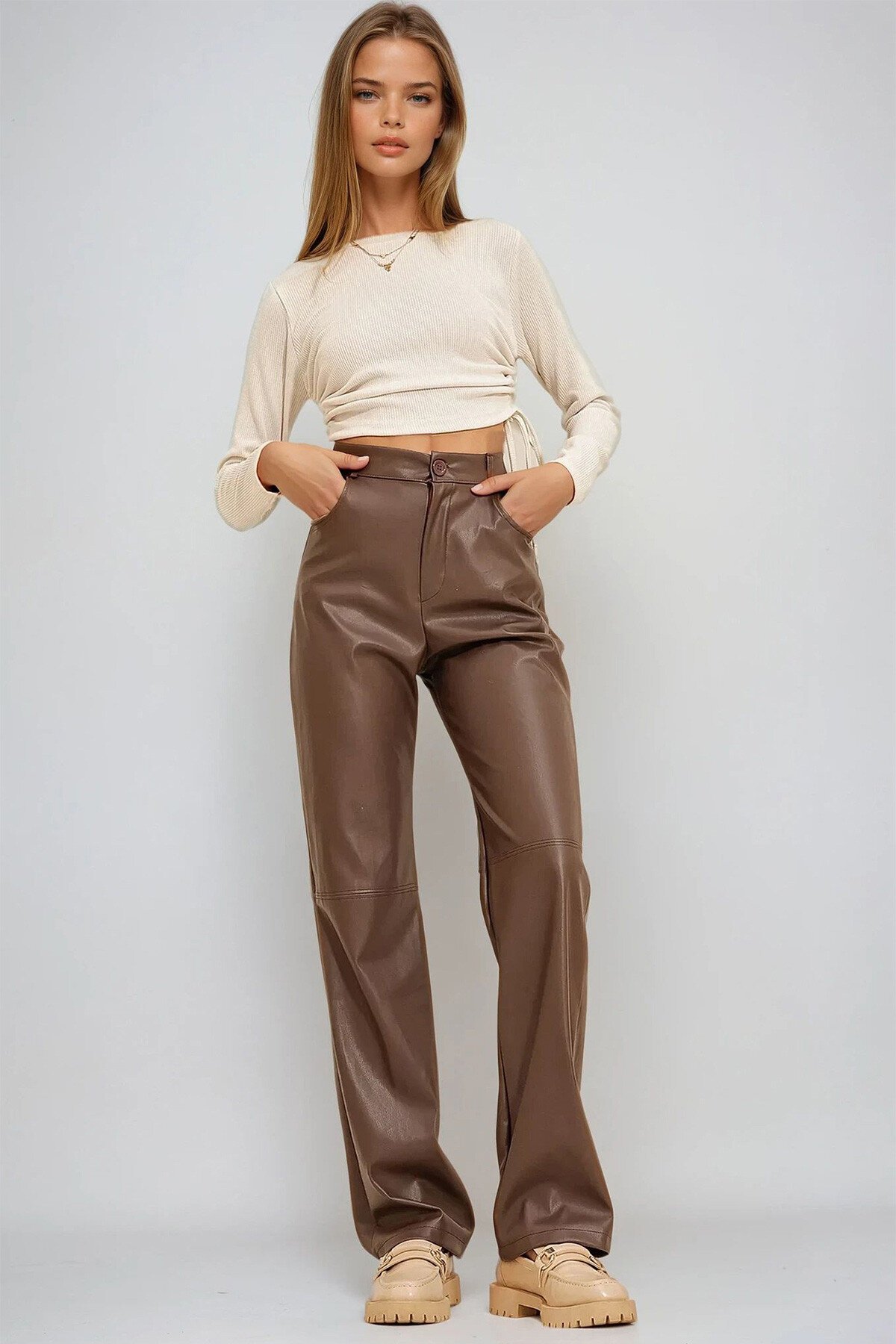 Kahve Diz Dikişli Cepli Suni Deri Palazzo Pantolon