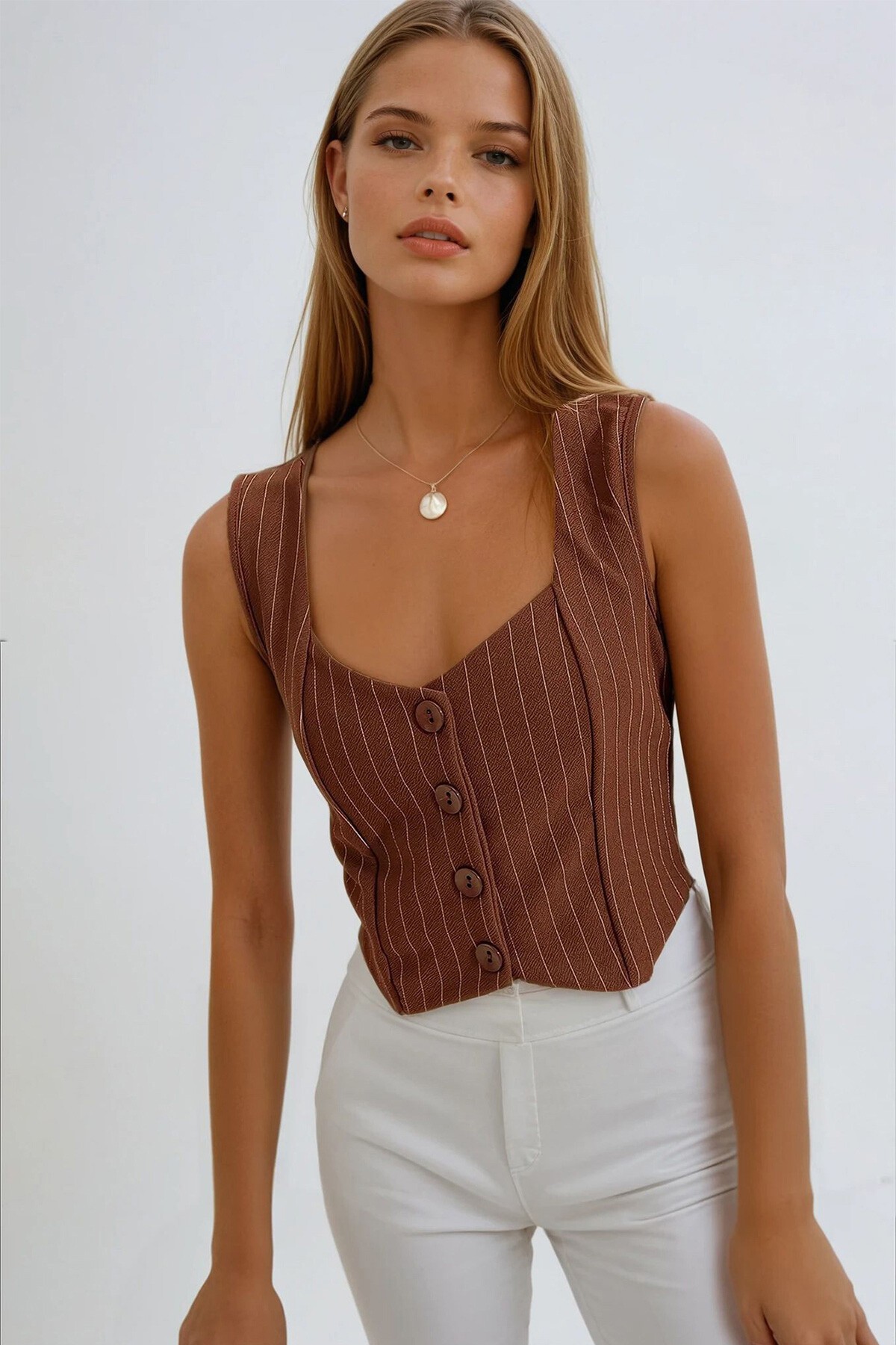 Kahve Kalp Yaka Düğmeli Çizgili Yelek