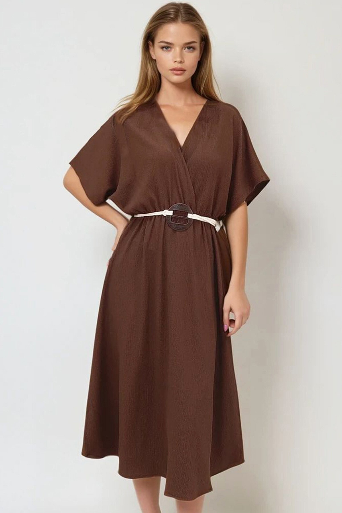 Kahve Kruvaze Yaka Beli Kemerli Midiboy Elbise