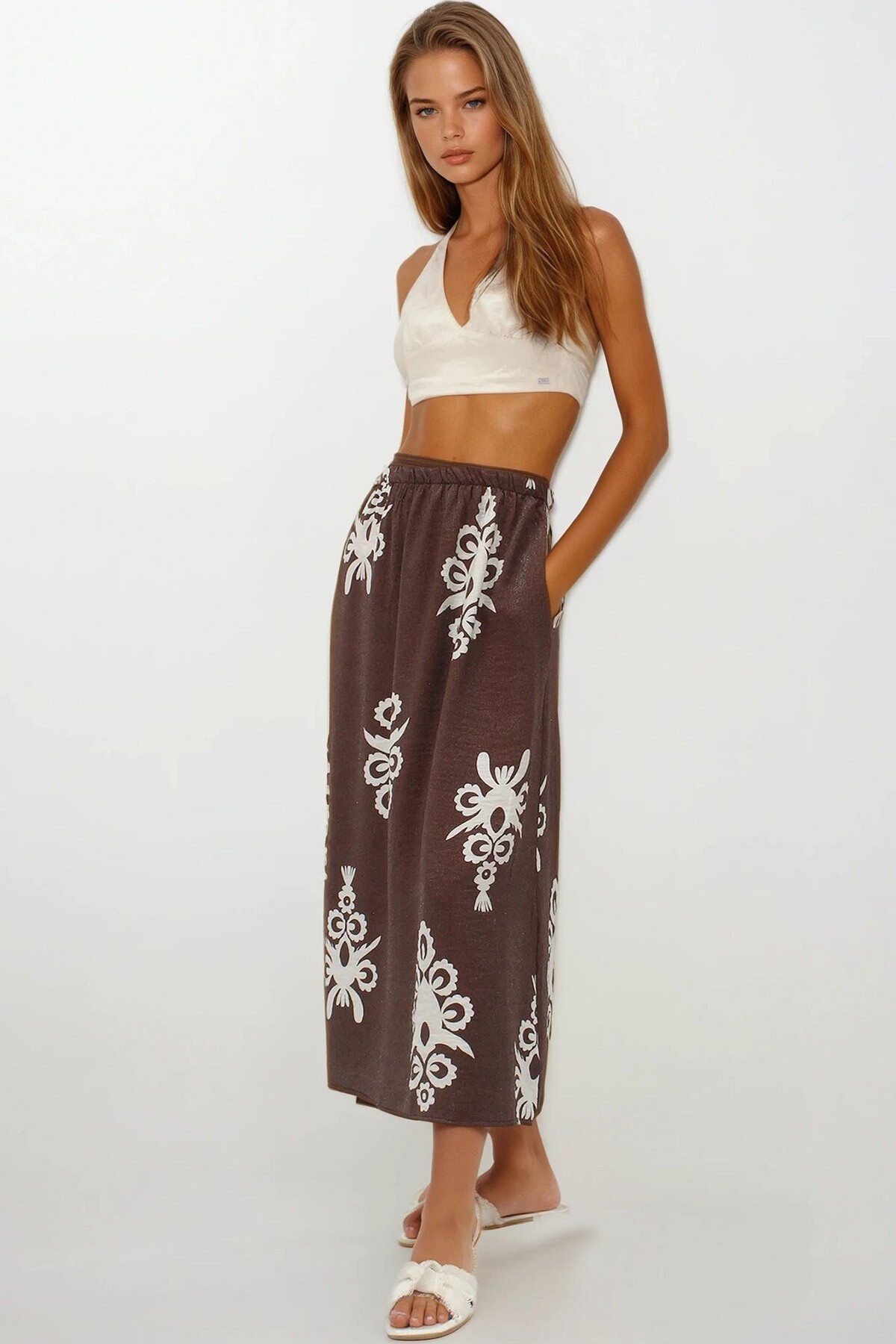 Kahverengi Beli Lastikli Çift Cepli Desenli Maxi Boy Etek