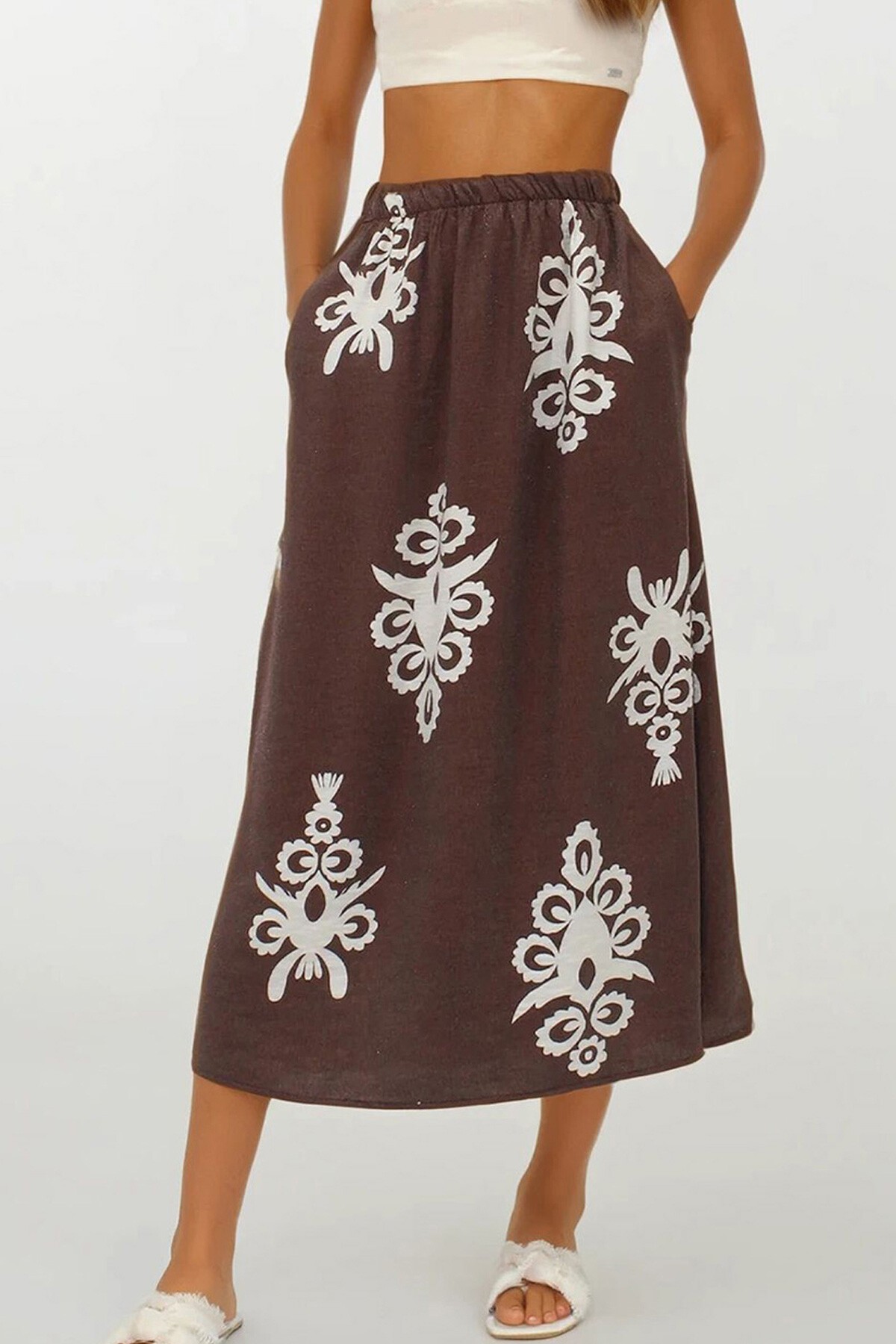 Kahverengi Beli Lastikli Çift Cepli Desenli Maxi Boy Etek