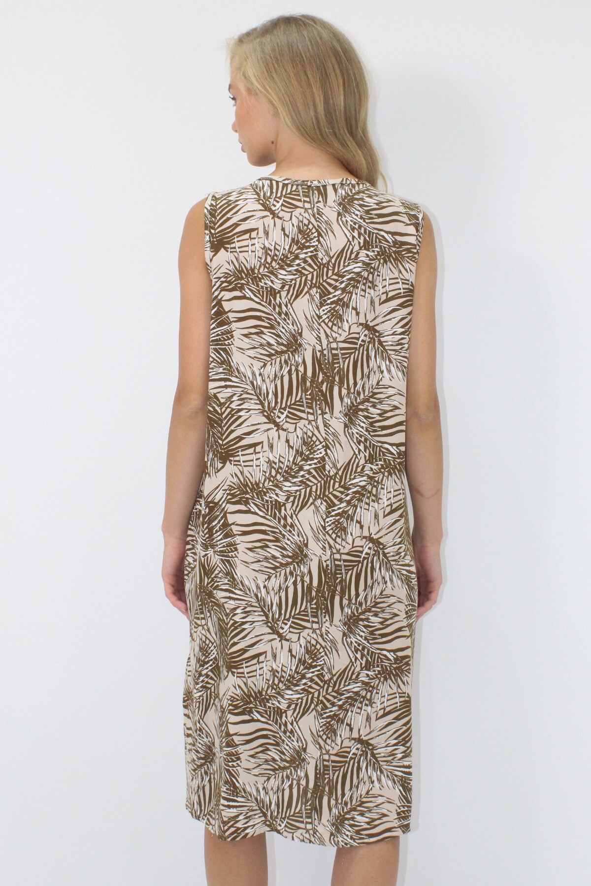 Kahverengi Bisiklet Yaka Bağlama Detaylı Desenli Çift Cepli Dokuma Viskon Elbise