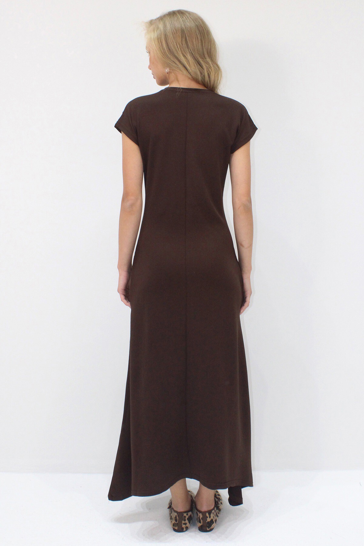 Kahverengi Bisiklet Yaka Çift Cepli Dikiş Detaylı Kolsuz Modal Kumaş  Elbise