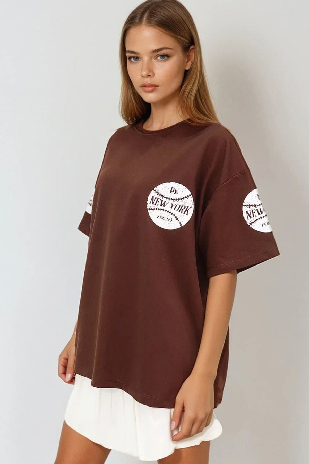 Kahverengi Bisiklet Yaka Ön Ve Arka Dijital Baskılı İki İplik Unisex Oversize T Shirt