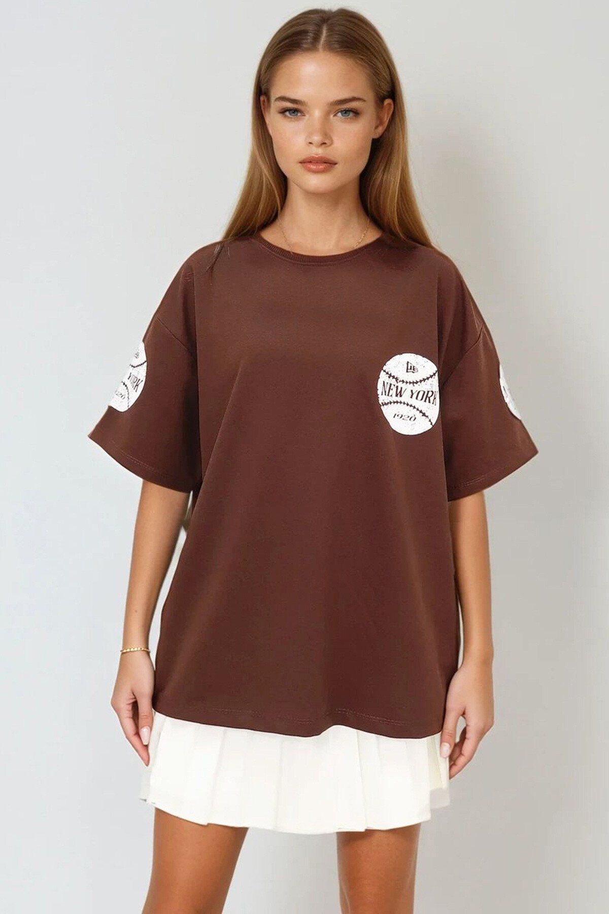 Kahverengi Bisiklet Yaka Ön Ve Arka Dijital Baskılı İki İplik Unisex Oversize T Shirt