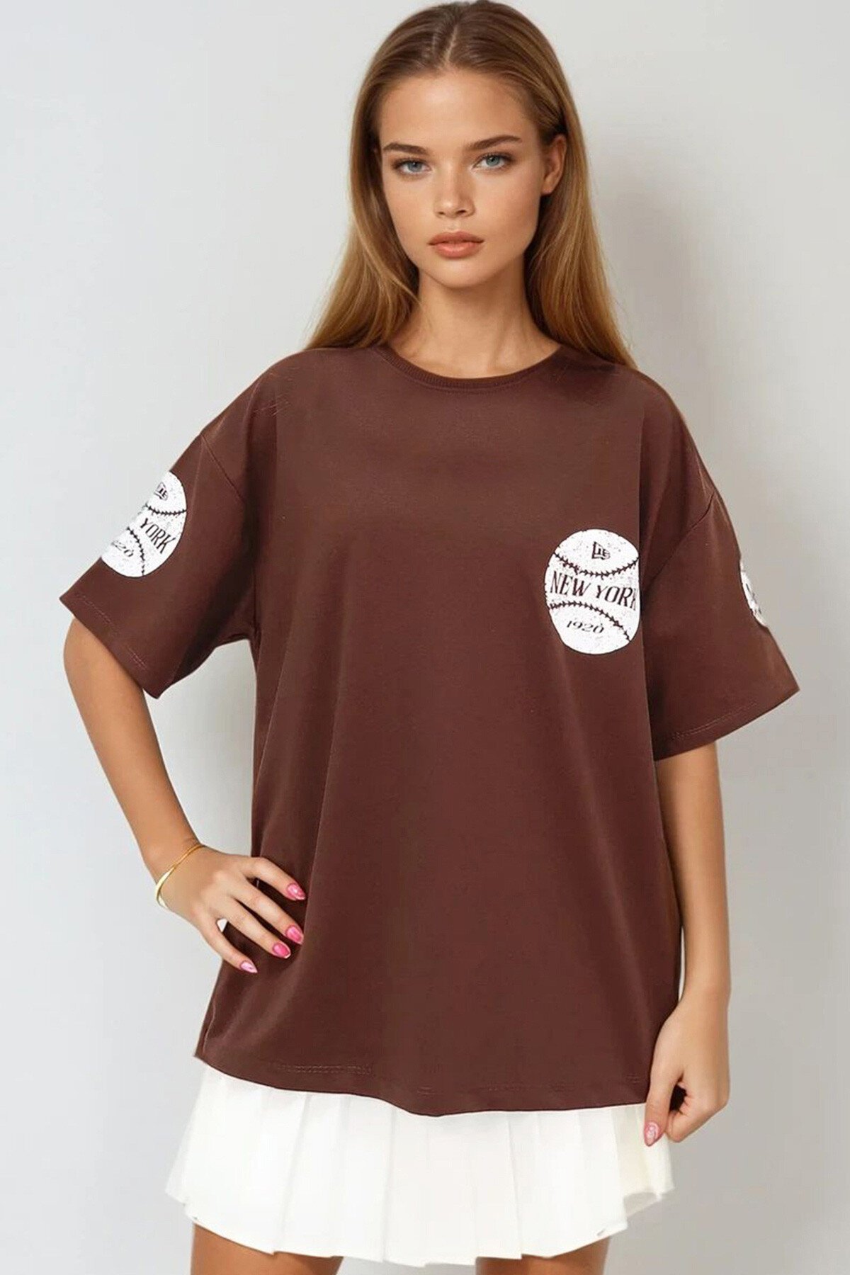 Kahverengi Bisiklet Yaka Ön Ve Arka Dijital Baskılı İki İplik Unisex Oversize T Shirt