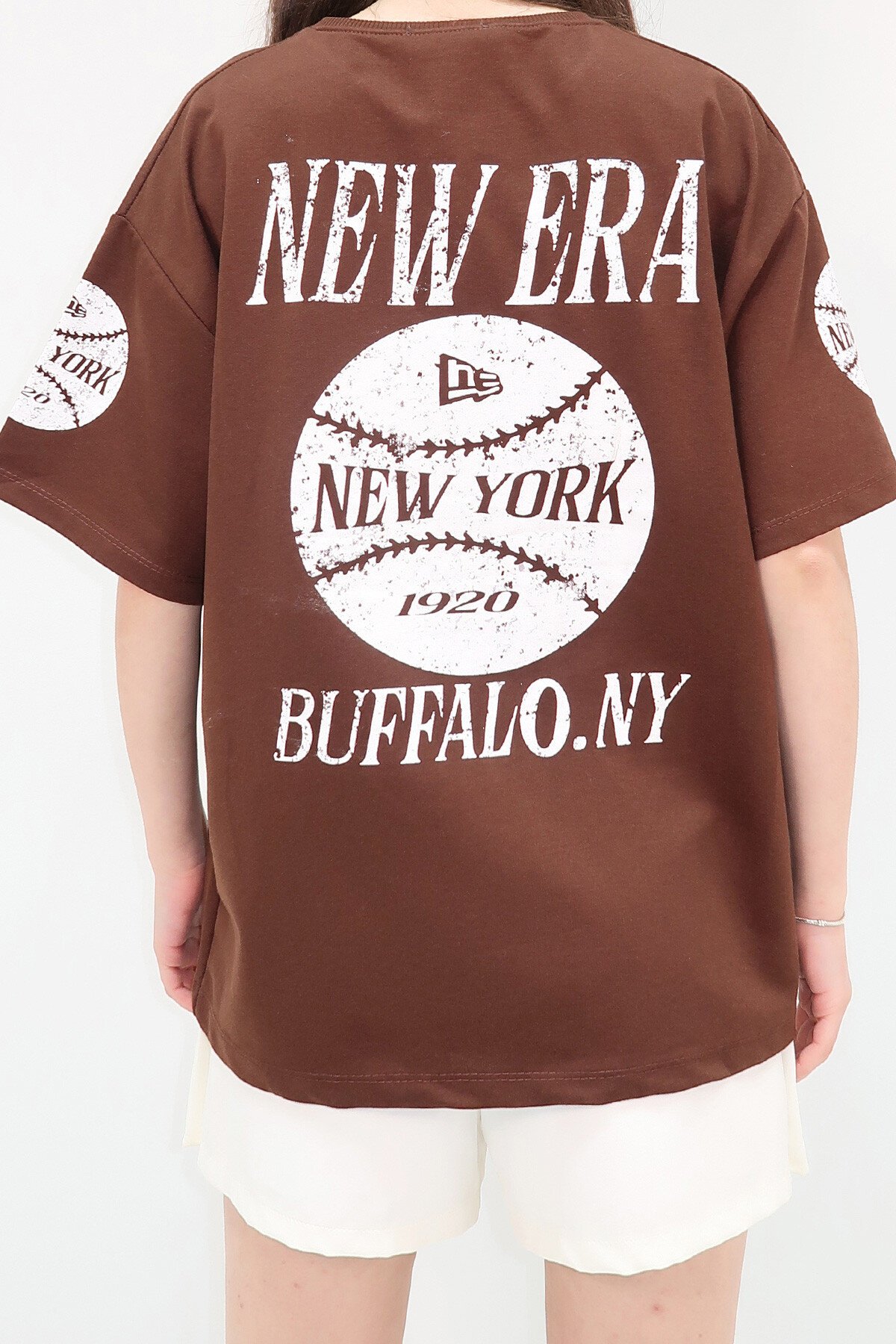 Kahverengi Bisiklet Yaka Ön Ve Arka Dijital Baskılı İki İplik Unisex Oversize T Shirt