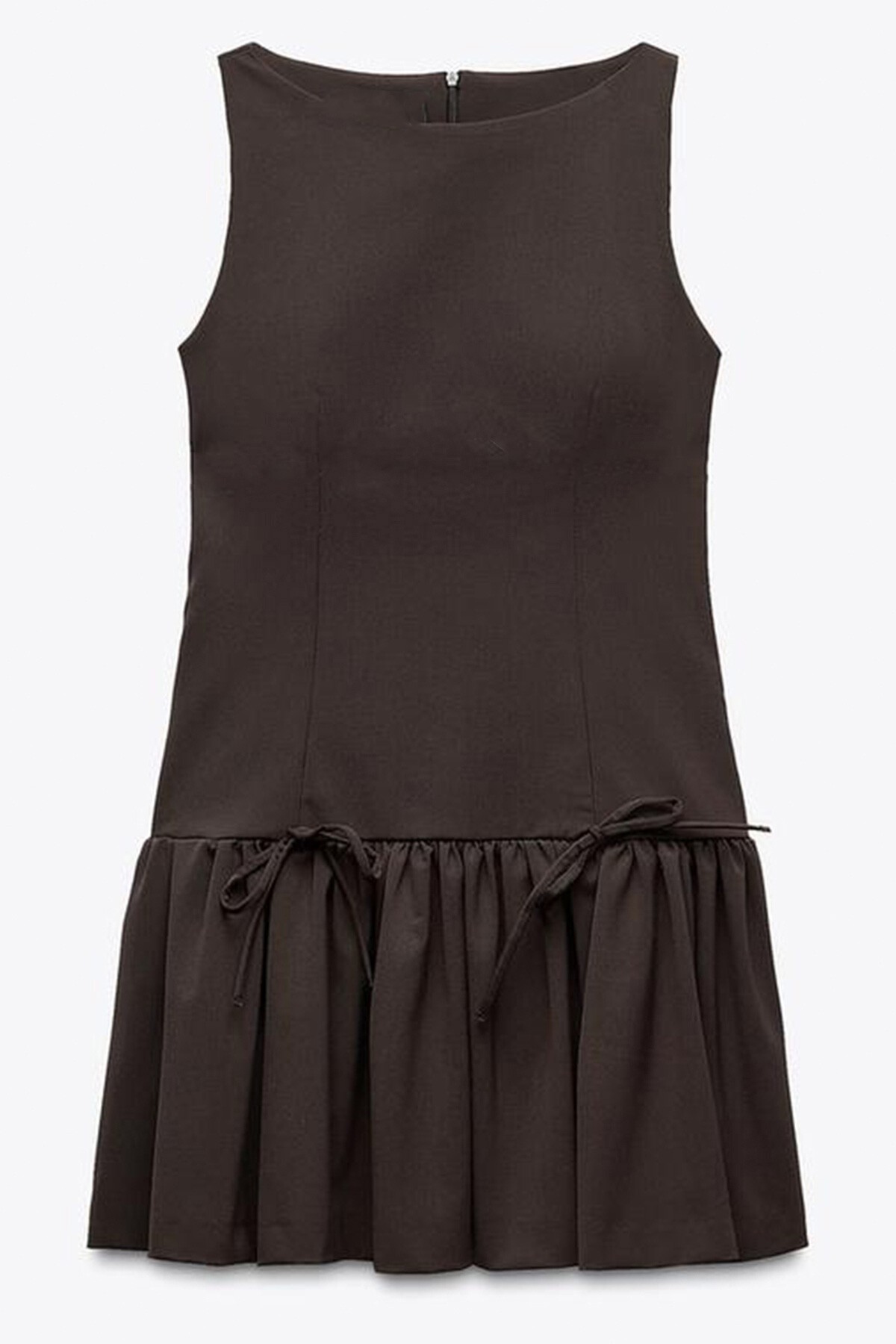 Kahverengi Eteği Pileli Bağcık Detaylı Kolsuz Fermuarlı Mini Dokuma Elbise