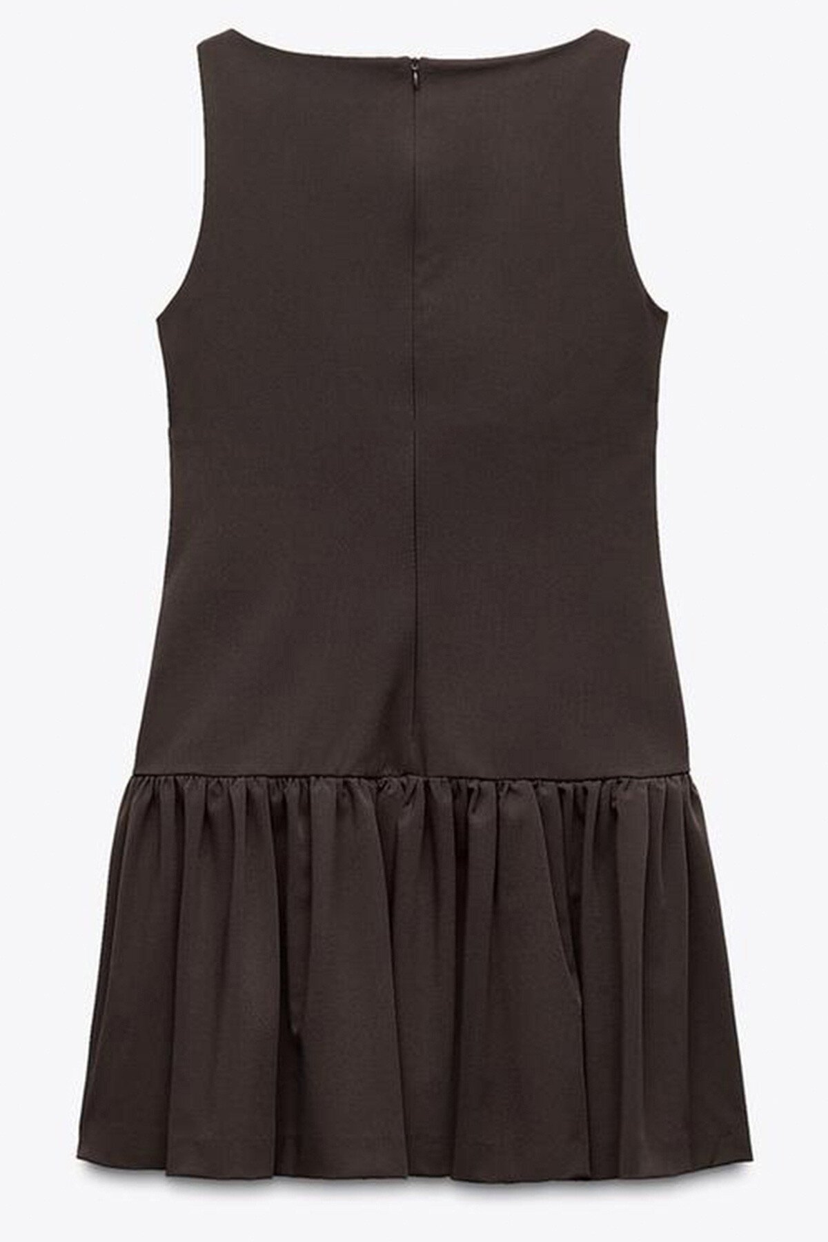 Kahverengi Eteği Pileli Bağcık Detaylı Kolsuz Fermuarlı Mini Dokuma Elbise