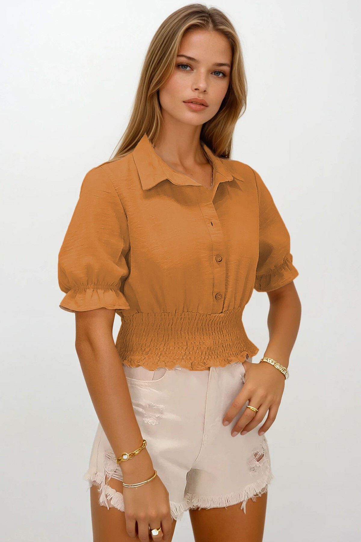 Karamel Beli Lastikli Düğme Kapamalı Gömlek Yaka Bluz