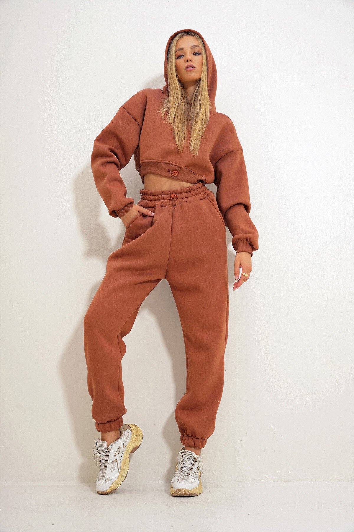 Kiremit Kapüşonlu Sweatshirt Ve Beli Lastikli Pantolon Alt Üst Takım