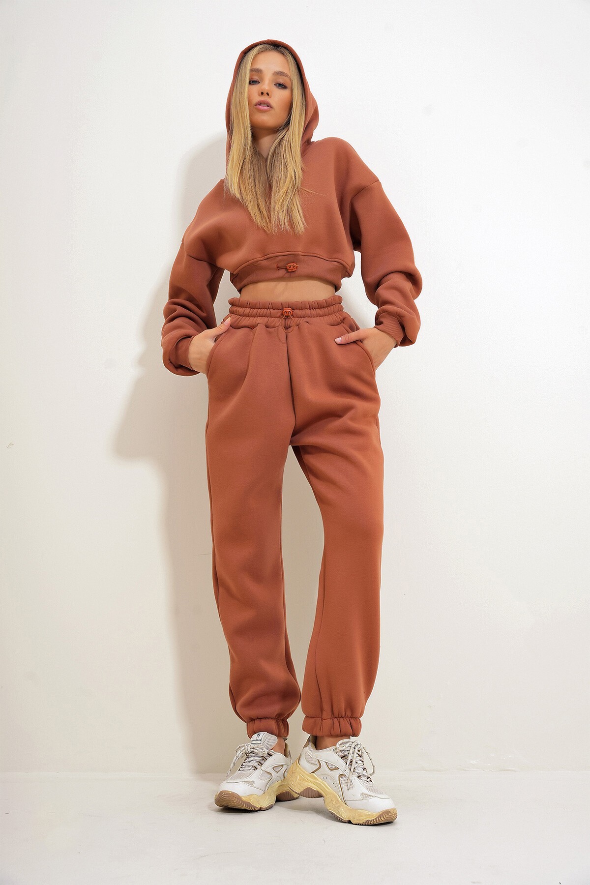 Kiremit Kapüşonlu Sweatshirt Ve Beli Lastikli Pantolon Alt Üst Takım