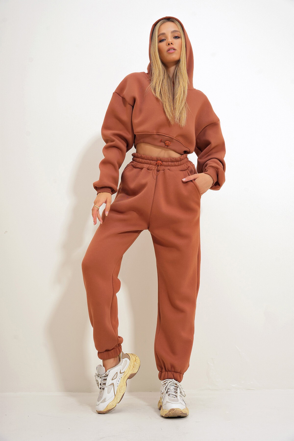 Kiremit Kapüşonlu Sweatshirt Ve Beli Lastikli Pantolon Alt Üst Takım