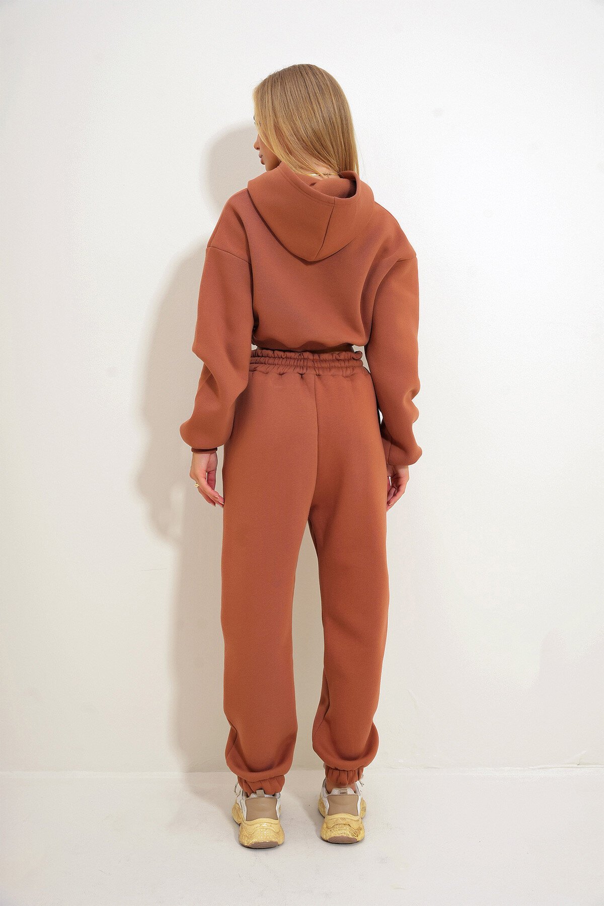 Kiremit Kapüşonlu Sweatshirt Ve Beli Lastikli Pantolon Alt Üst Takım