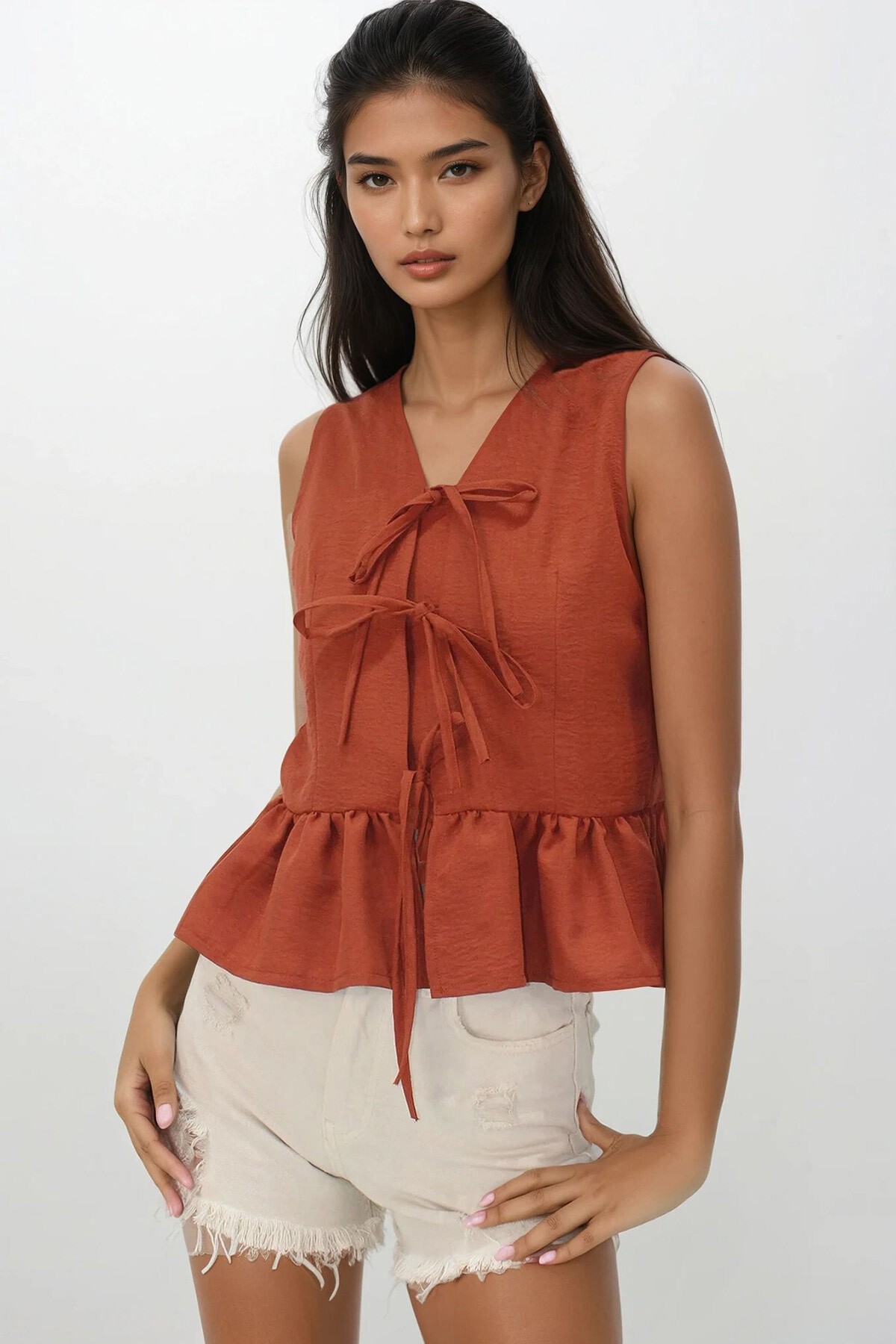 Kiremit V Yaka Fiyonk Detaylı Eteği Volanlı Aerobin Bluz