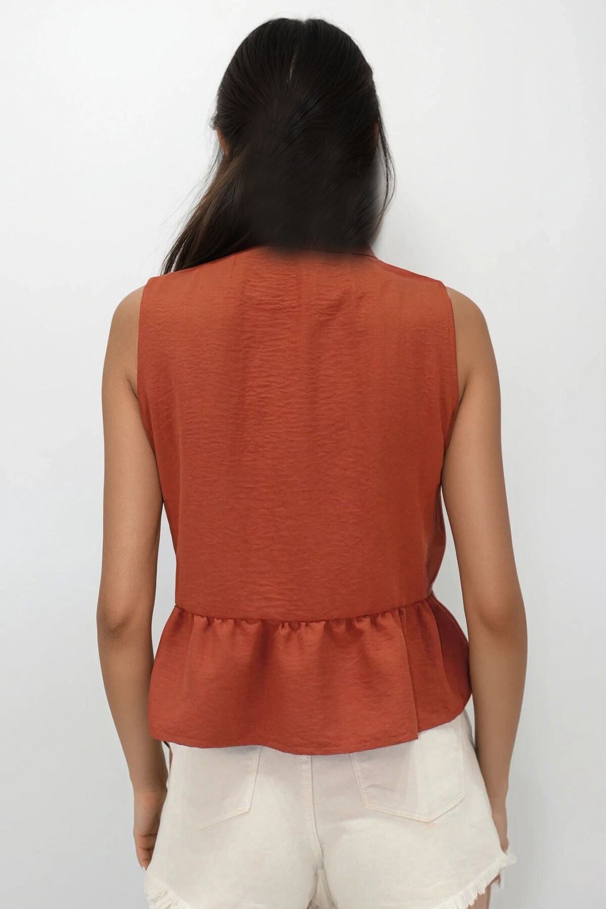 Kiremit V Yaka Fiyonk Detaylı Eteği Volanlı Aerobin Bluz