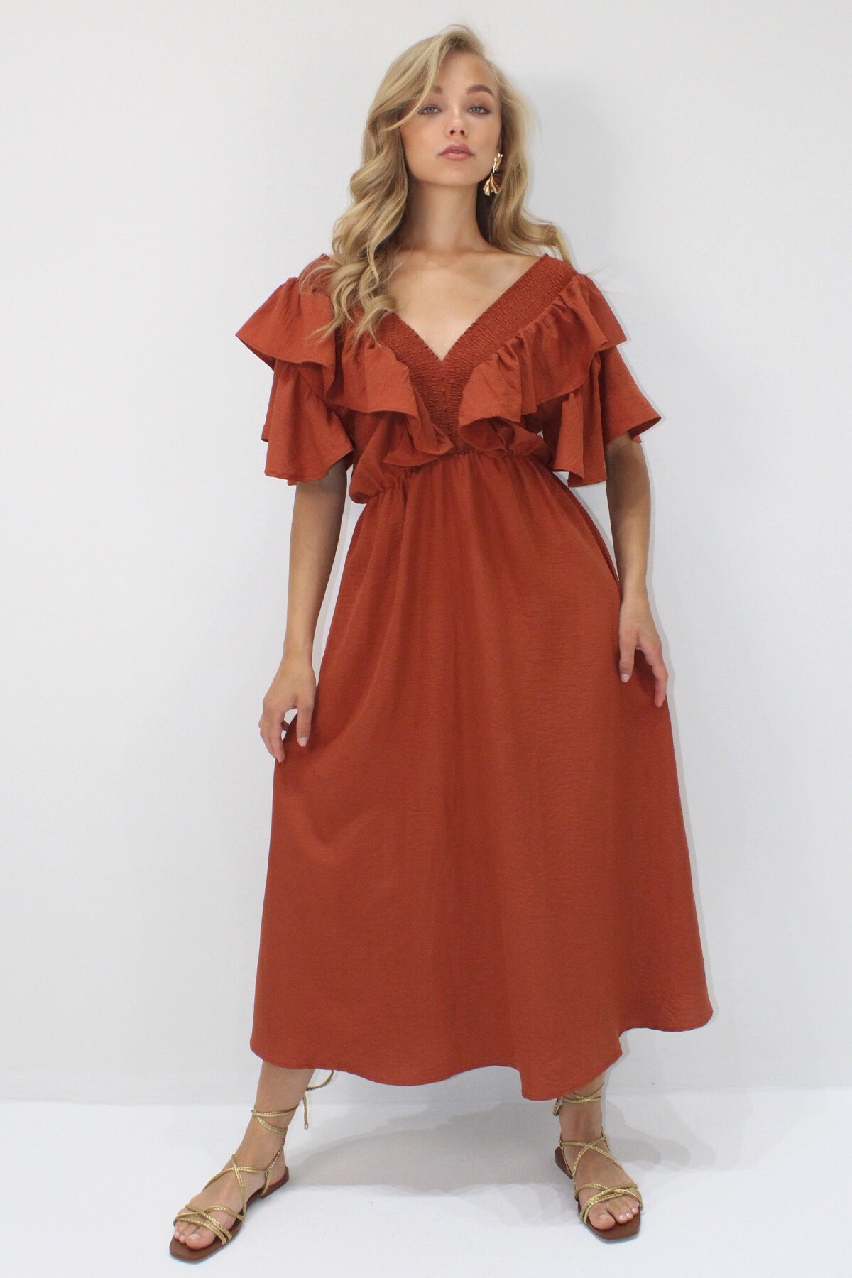 Kiremit Yakası Gipeli Ve Volanlı Beli Midiboy Dokuma Elbise