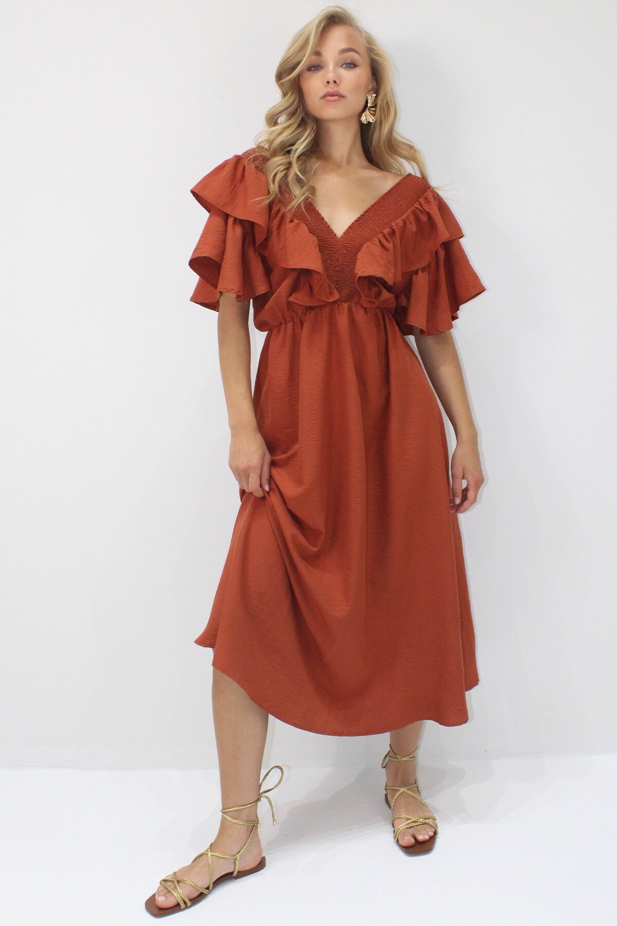 Kiremit Yakası Gipeli Ve Volanlı Beli Midiboy Dokuma Elbise