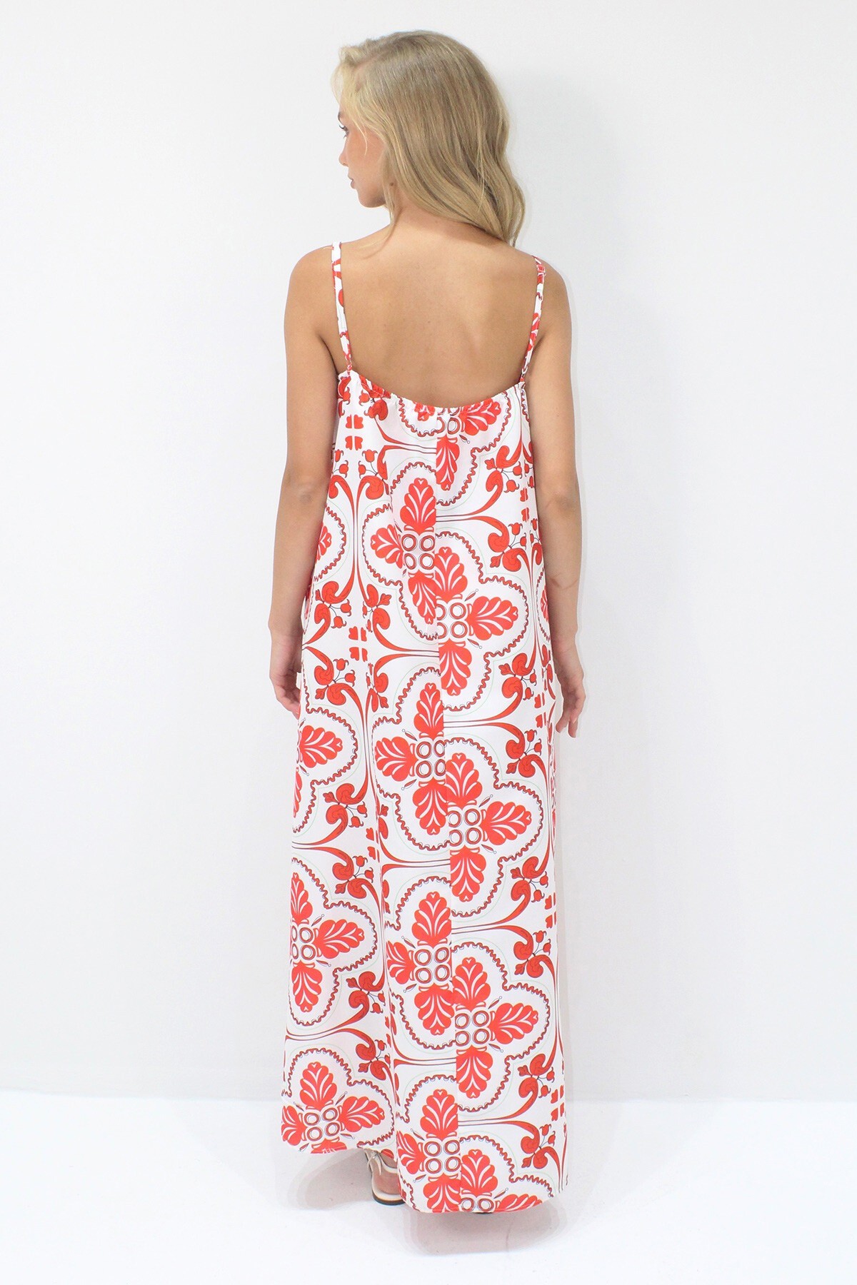 Kırmızı Ayarlanabiliri Askılı Maxi Boy Dokuma Elbise