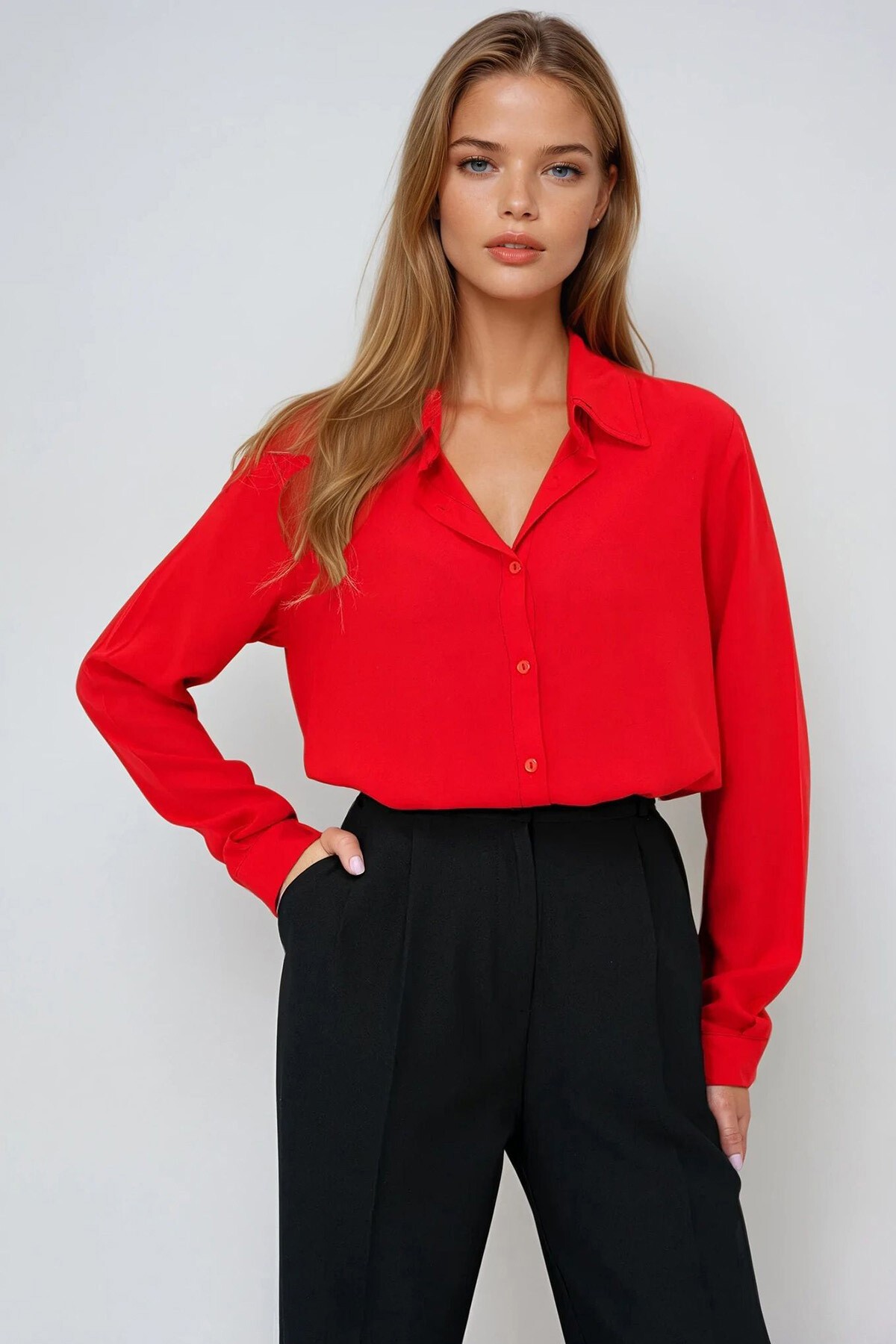 Kırmızı Basic Viscon Dokuma Gömlek