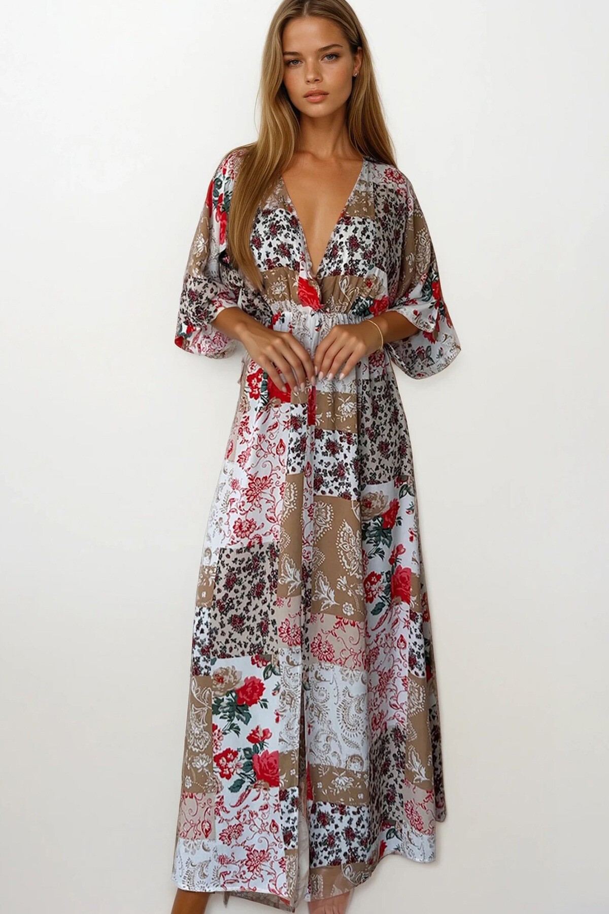 Kırmızı-Bej Etnik Desenli Kruvaze Yaka Beli Lastikli Maxi Boy Elbise
