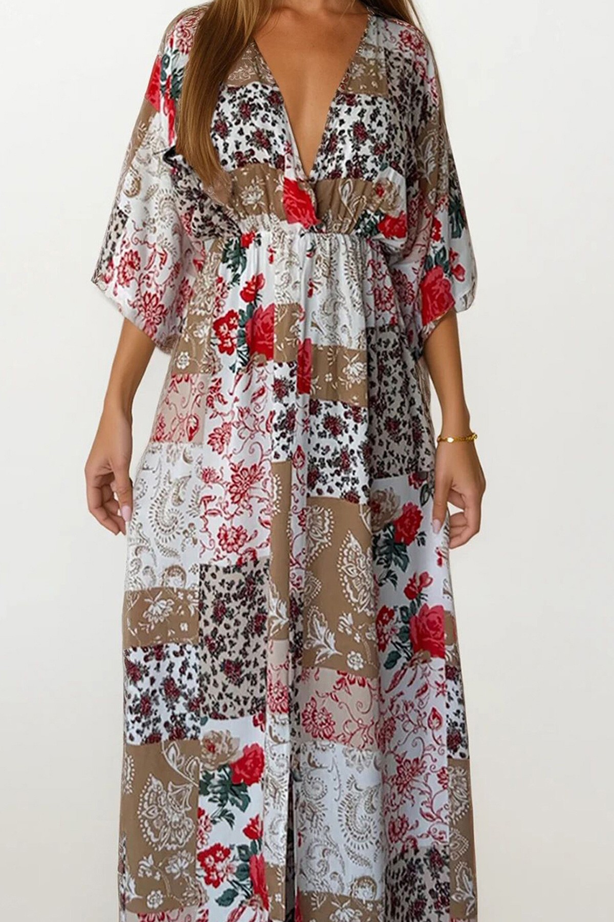Kırmızı-Bej Etnik Desenli Kruvaze Yaka Beli Lastikli Maxi Boy Elbise