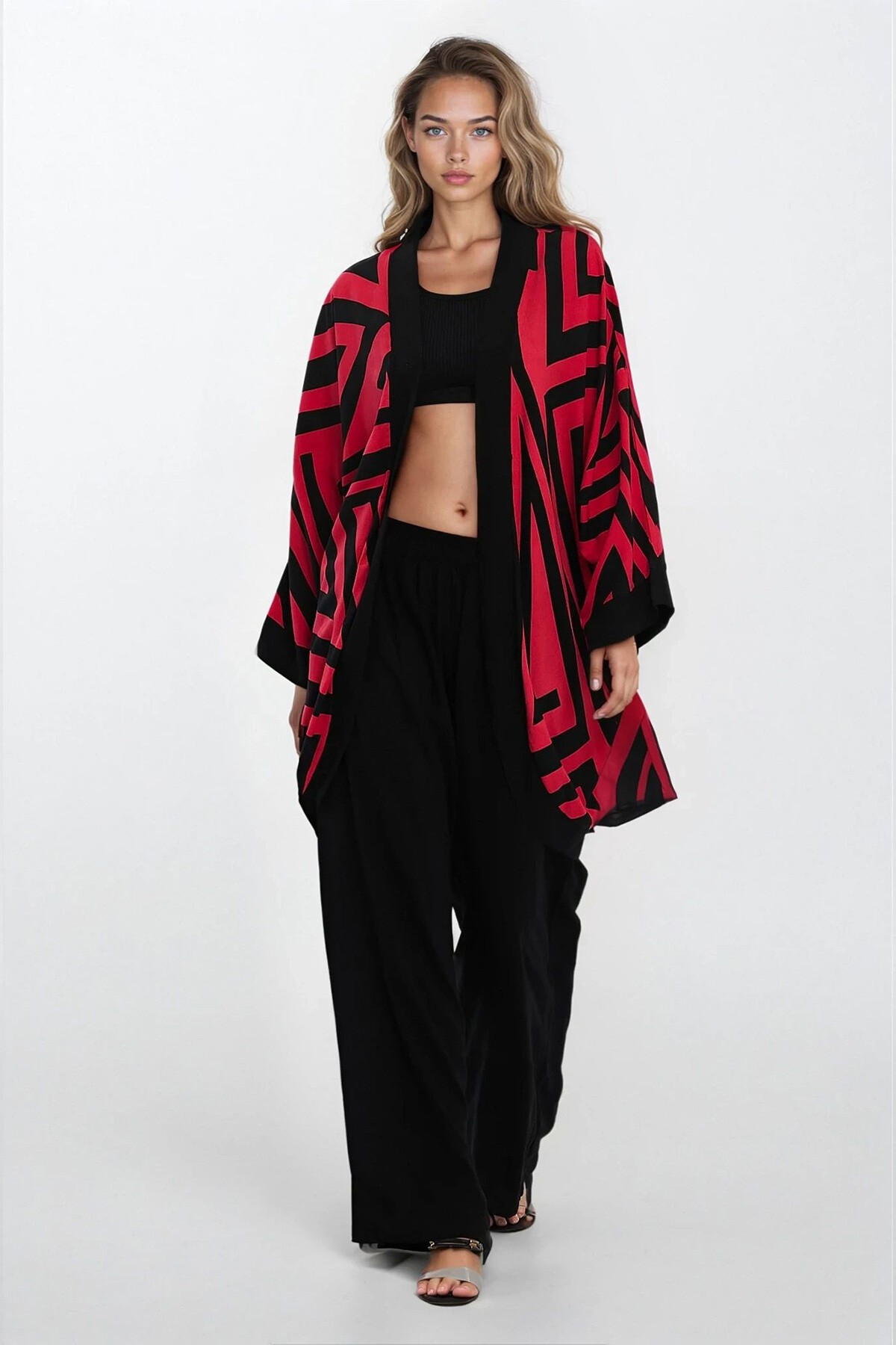 Kırmızı Çift Cepli Beli Lastikli Pantolon Ve Kimono 2Li Takım