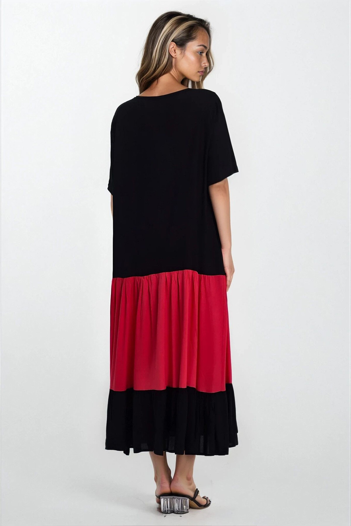 Kırmızı Çift Cepli Çiçek Baskılı Kısa Kollu Elbise