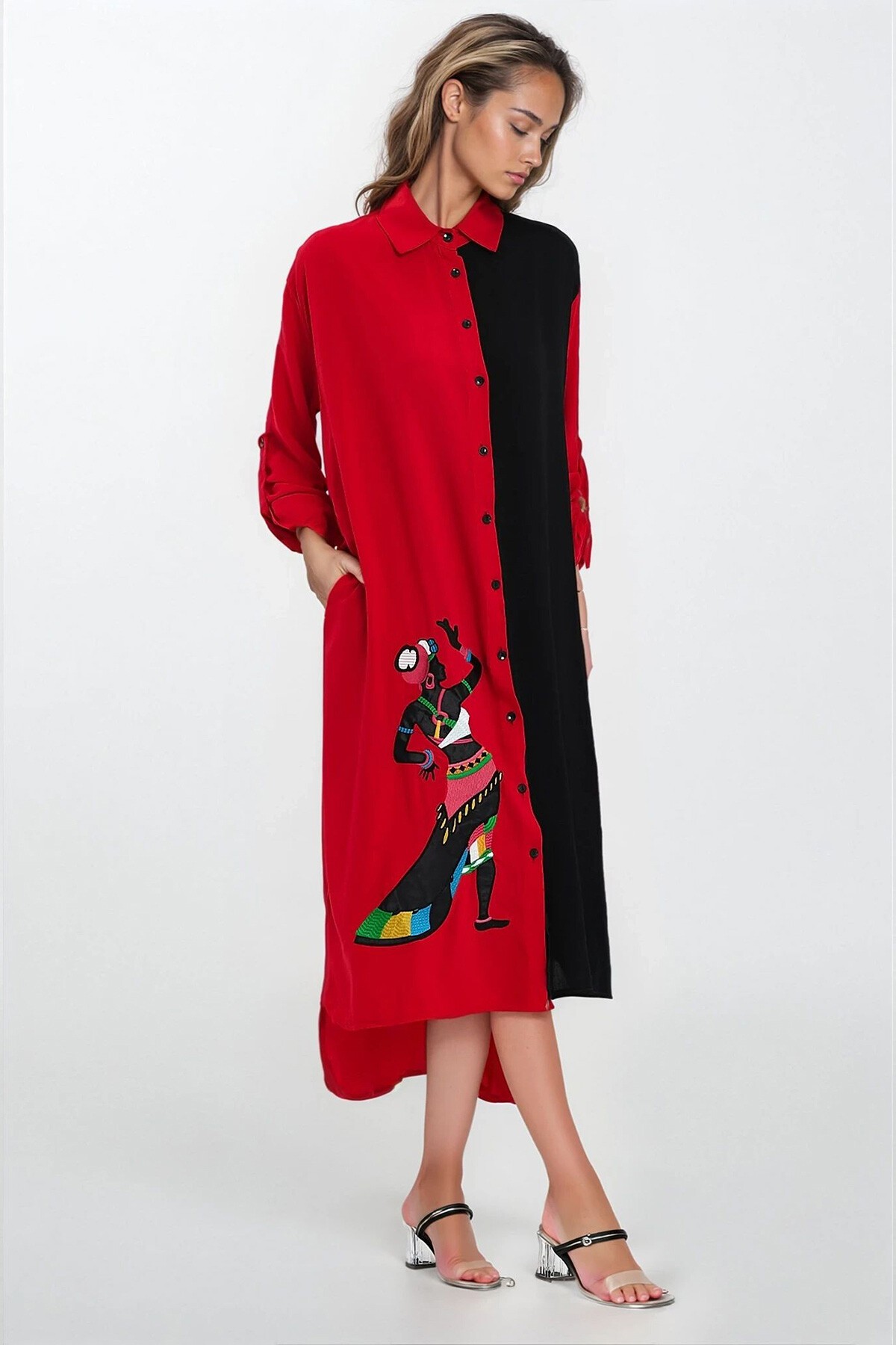 Kırmızı Gömlek Yaka Yırtmaç Detaylı Büyük Beden Gömlek Elbise