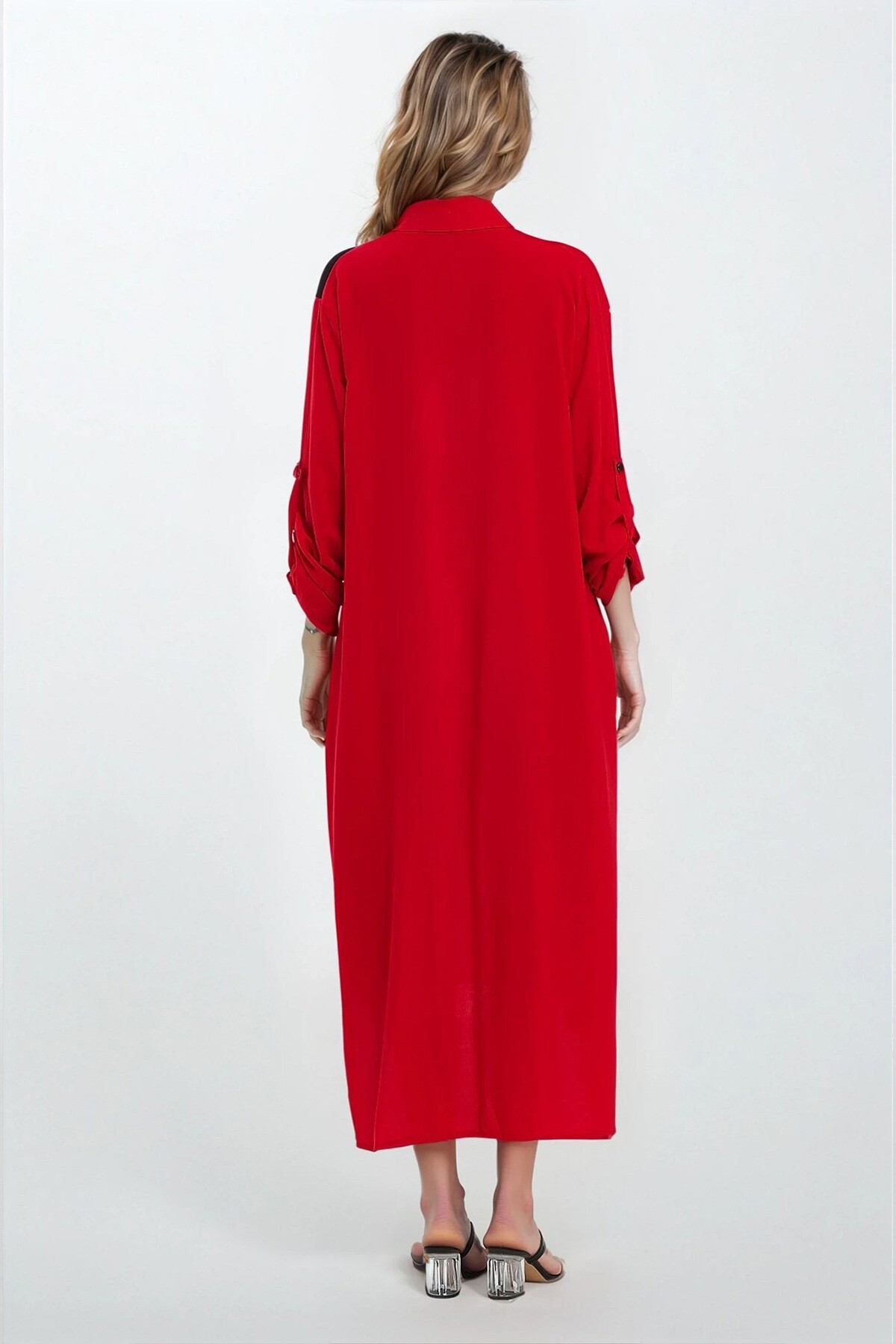 Kırmızı Gömlek Yaka Yırtmaç Detaylı Büyük Beden Gömlek Elbise