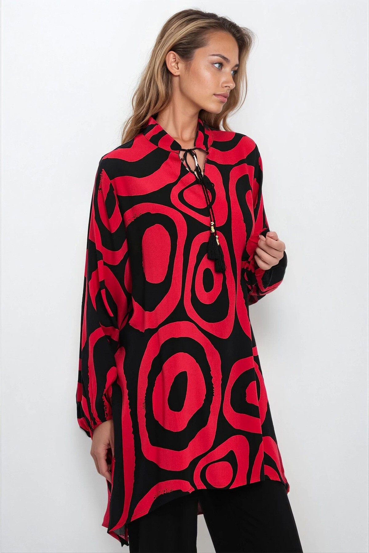 Kırmızı Hakim Yaka Bluz Ve Pantolon Büyük Beden Alt Üst Takım