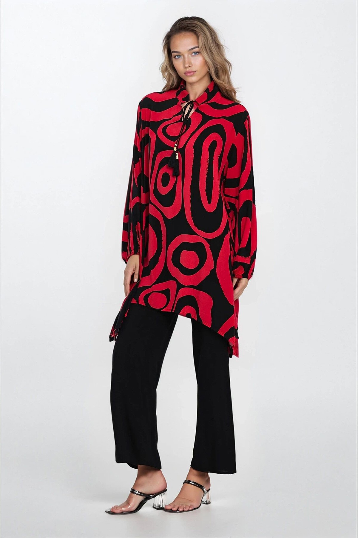 Kırmızı Hakim Yaka Bluz Ve Pantolon Büyük Beden Alt Üst Takım