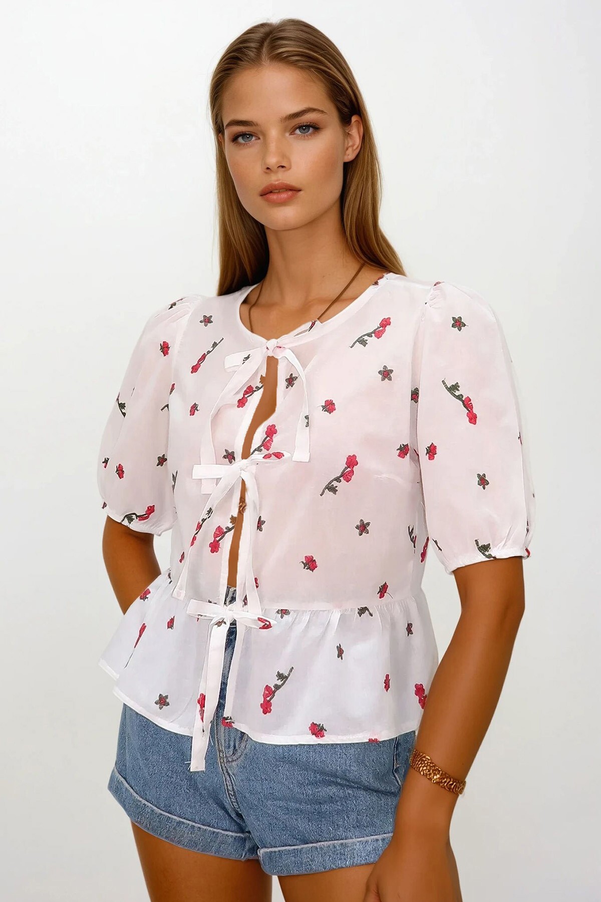 Kırmızı Kolları Lastikli Bağlamalı Çiçek Nakışlı Bluz