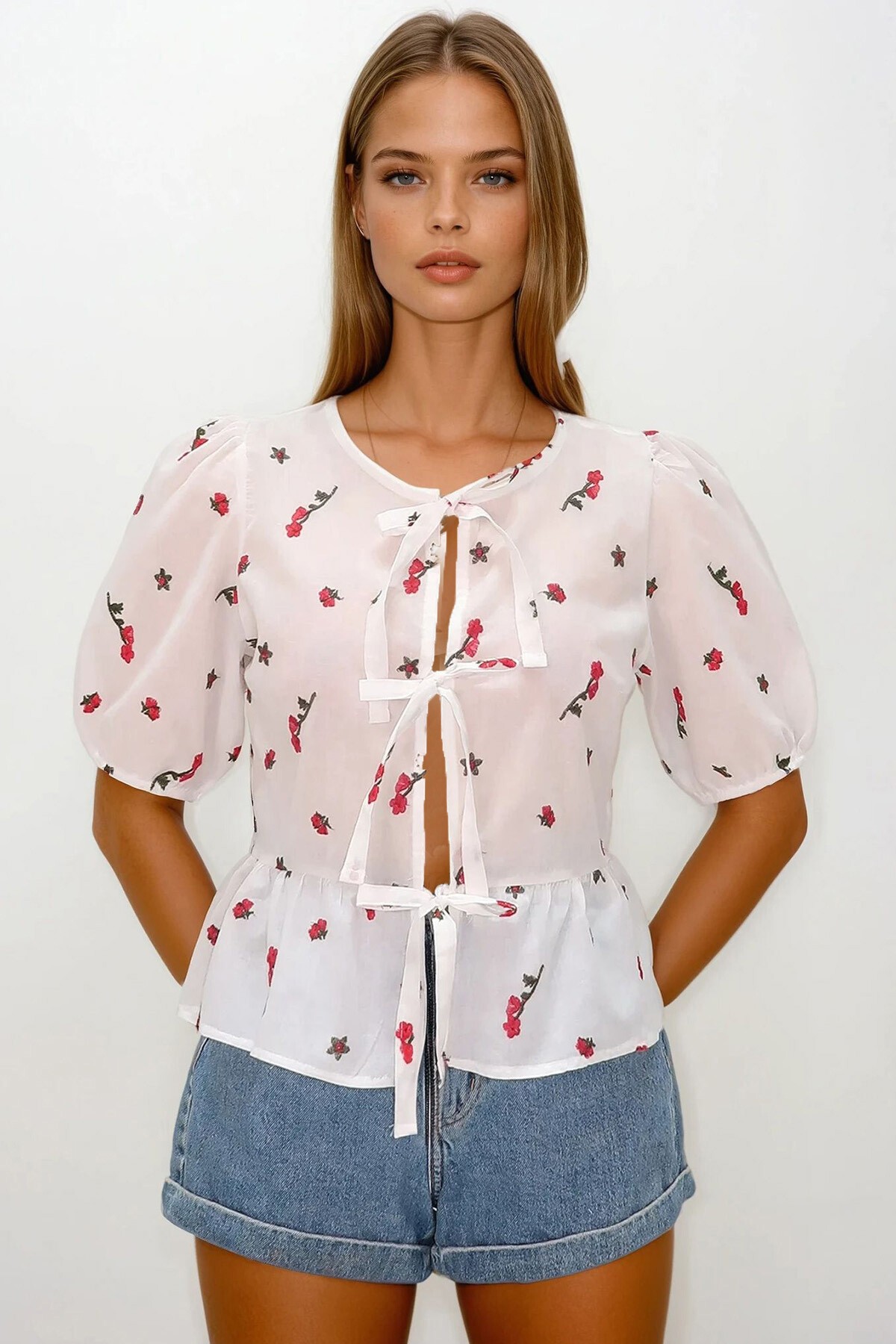 Kırmızı Kolları Lastikli Bağlamalı Çiçek Nakışlı Bluz