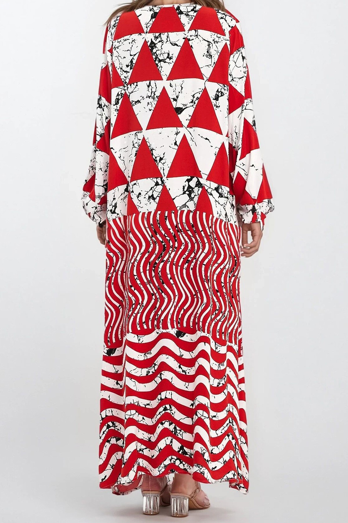 Kırmızı Kolları Lastikli Çift Cepli Büyük Beden Elbise