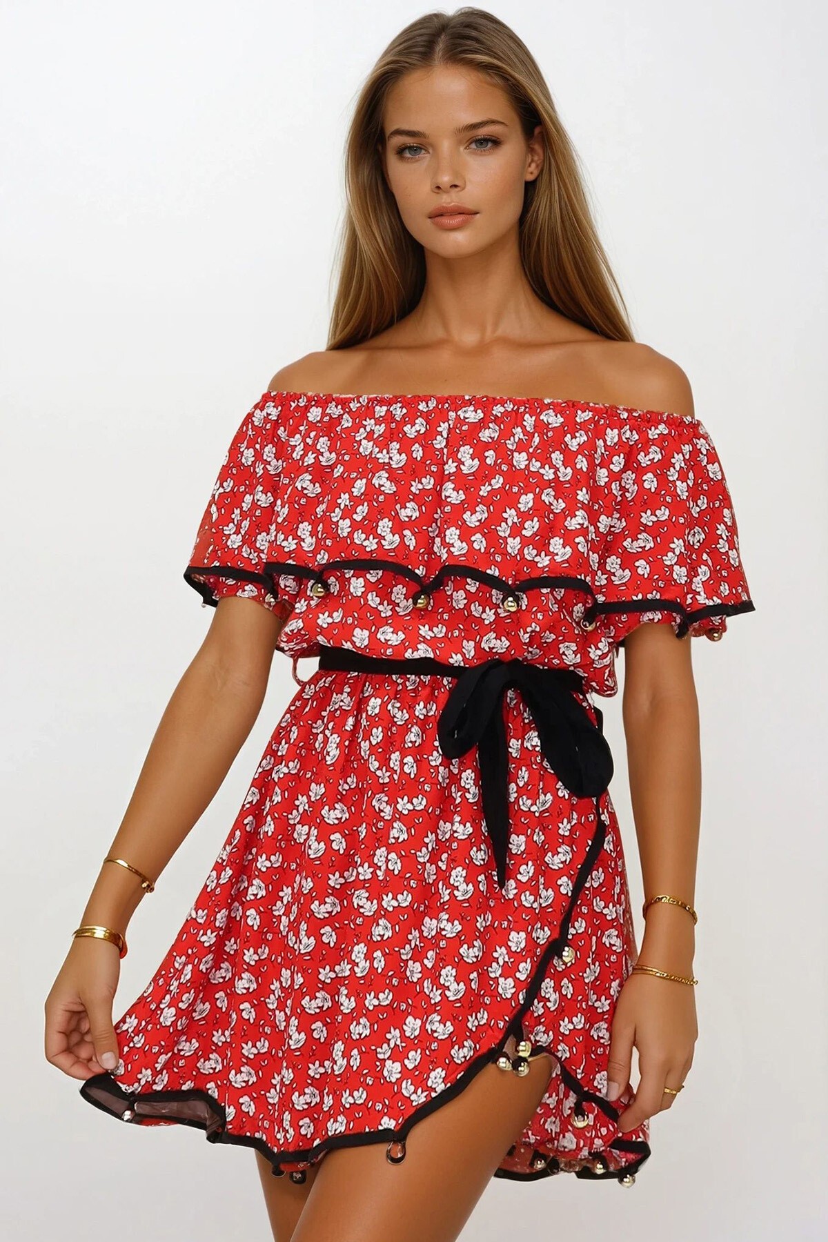 Kırmızı Madonna Yaka Boncuk İşlemeli Asimetrik Kesim Midi Boy Yazlık Elbise