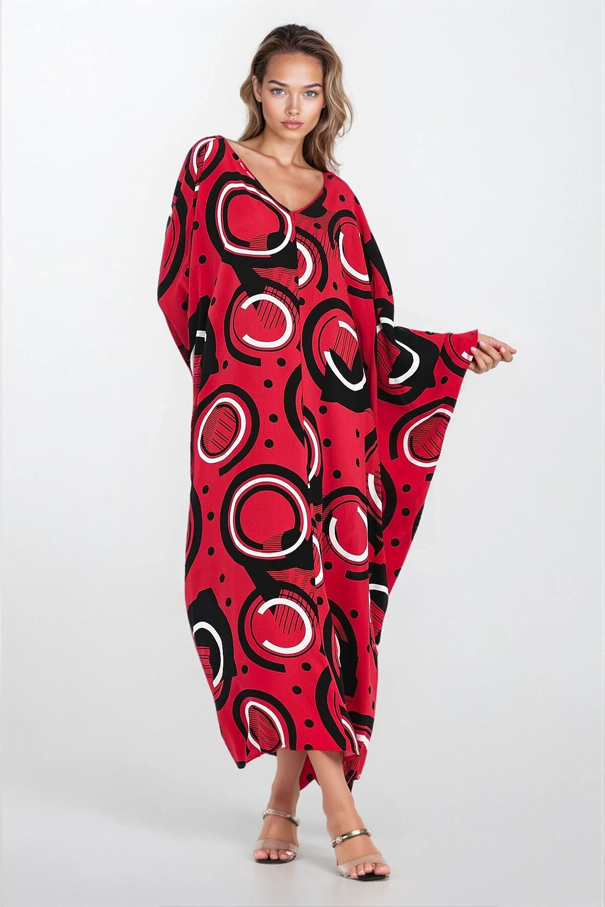 Kırmızı Maxi Boy Baskılı Viskon Büyük Beden Elbise