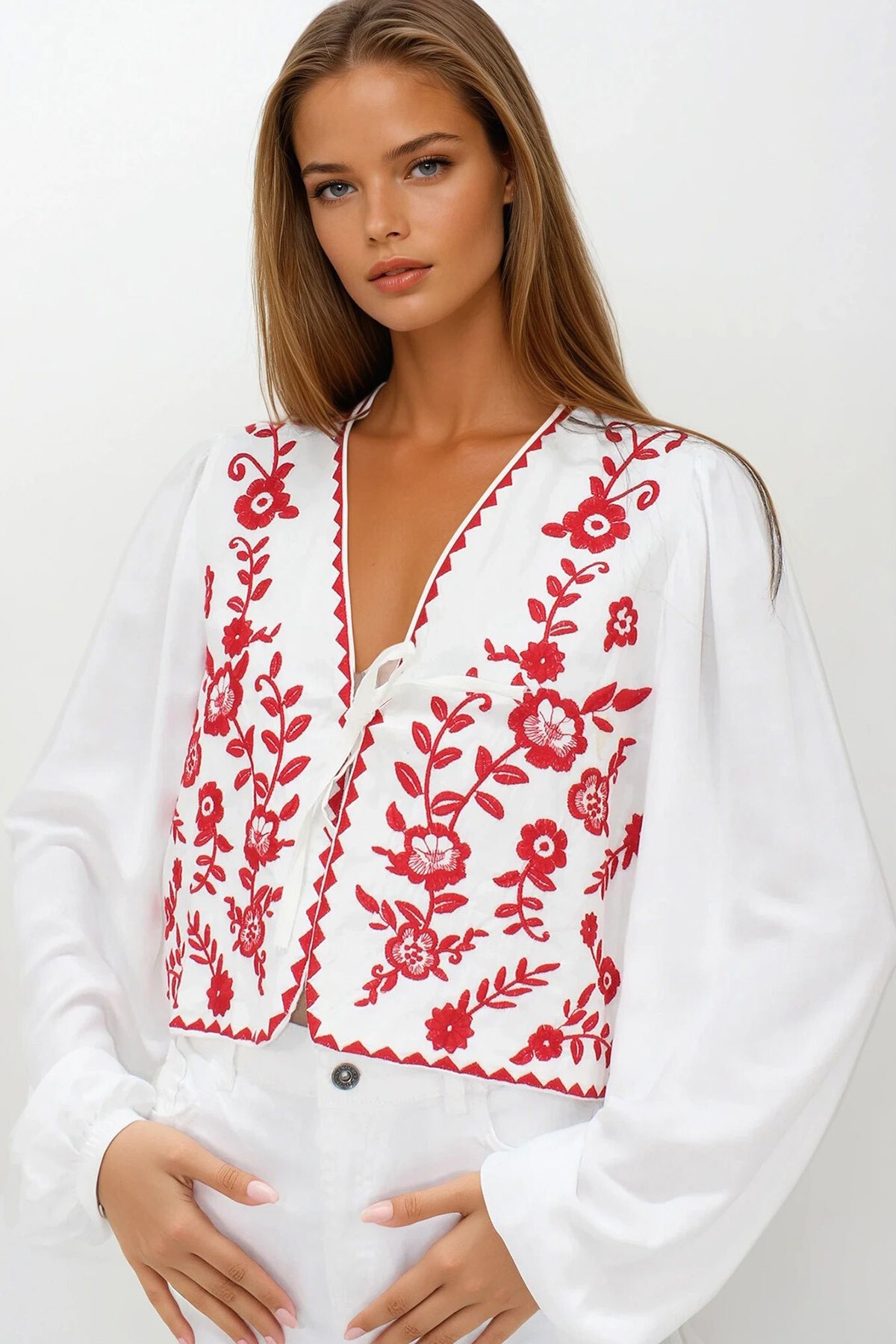Kırmızı Nakışlı Bağlamalı Ceten Crop Ceket