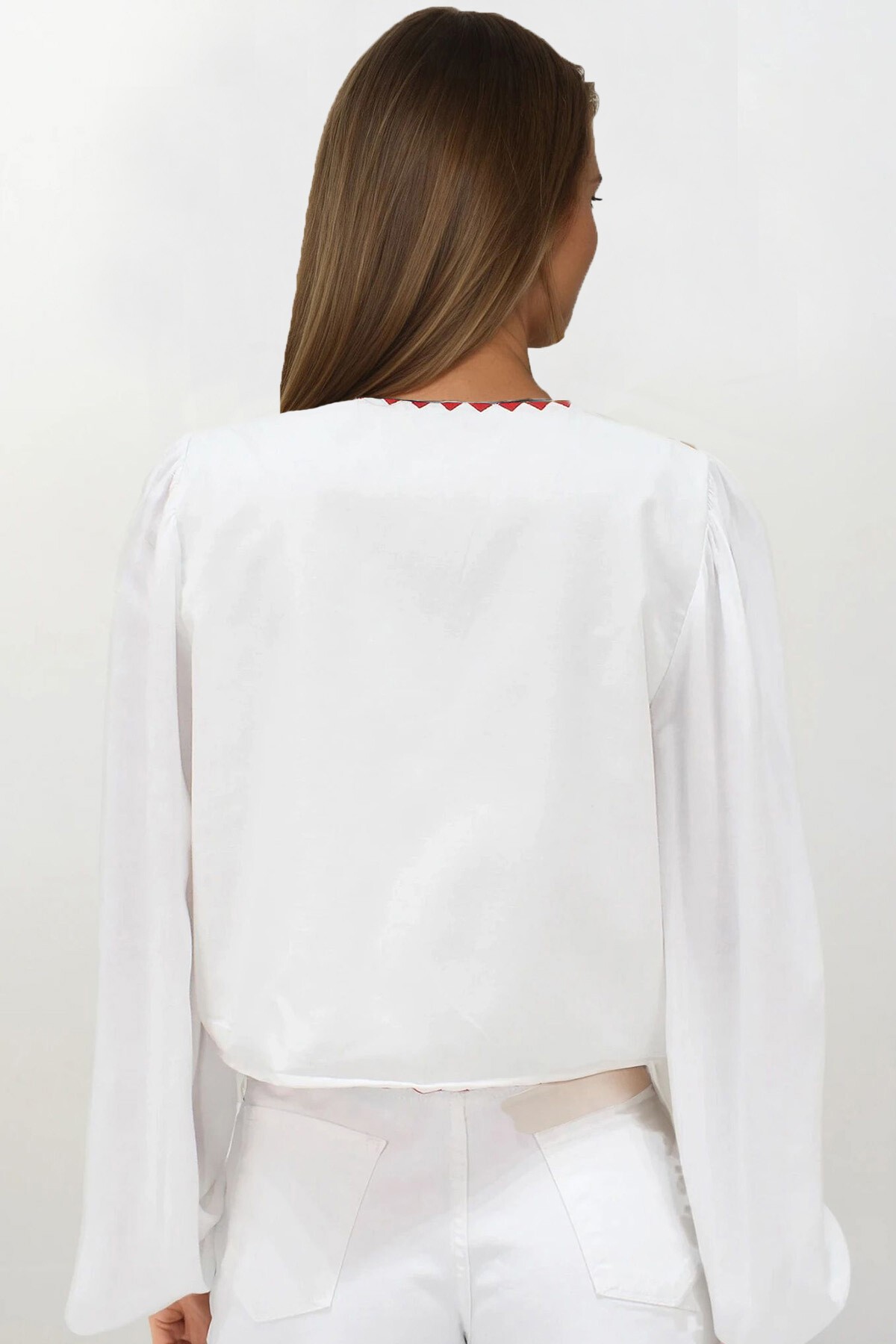 Kırmızı Nakışlı Bağlamalı Ceten Crop Ceket