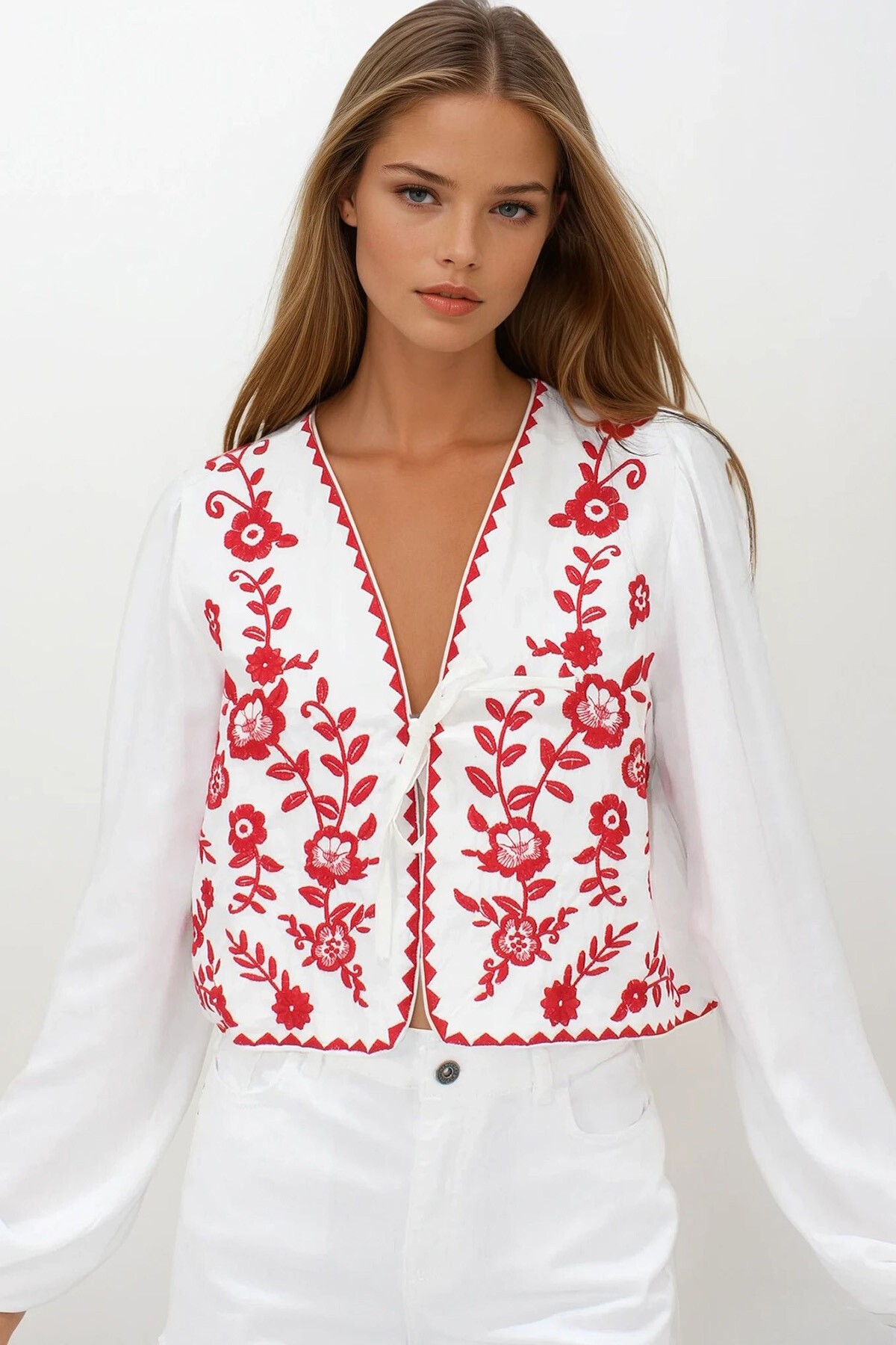 Kırmızı Nakışlı Bağlamalı Ceten Crop Ceket