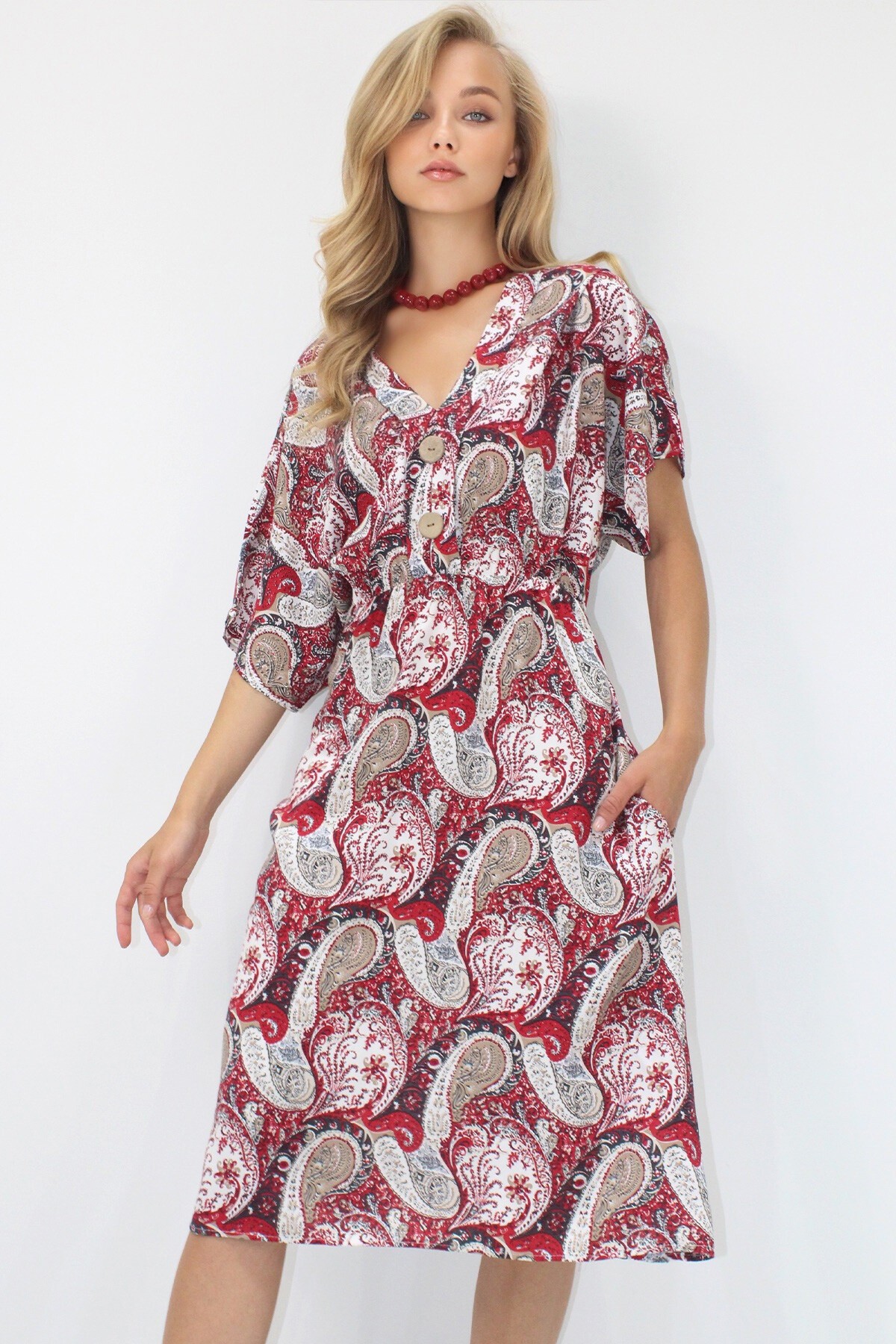 Kırmızı Ön Arka V Yaka Coconut Düğmeli Çift Cepli Desenli Dokuma Viskon Elbise