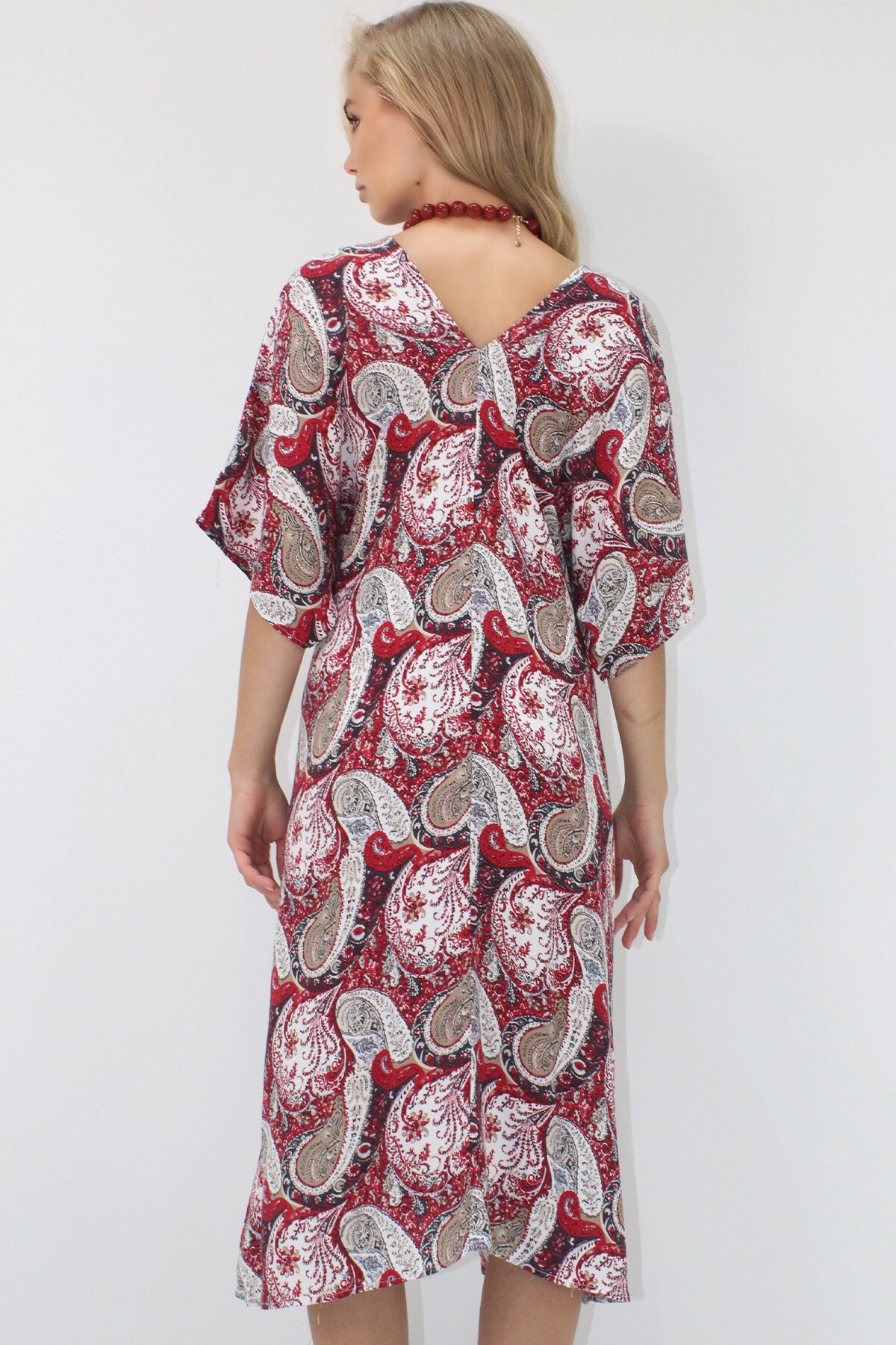 Kırmızı Ön Arka V Yaka Coconut Düğmeli Çift Cepli Desenli Dokuma Viskon Elbise