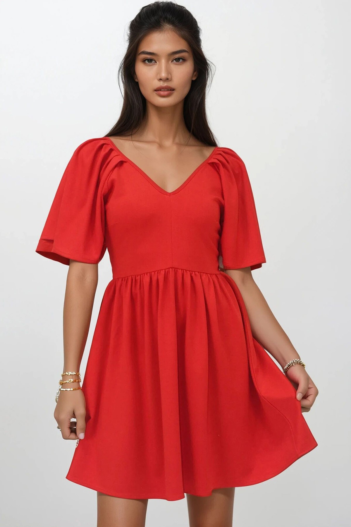 Kırmızı Ön Arka V Yaka Kısa Kol Mini Örme Elbise