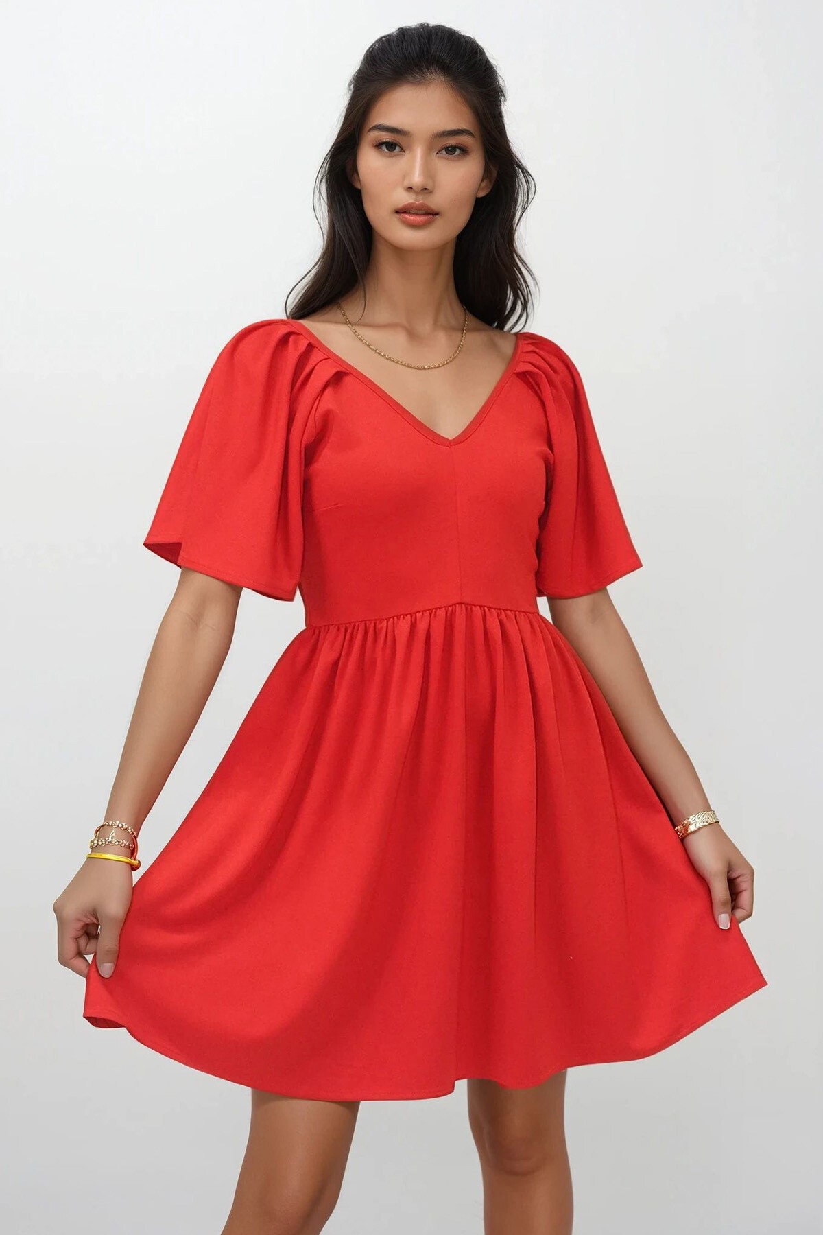 Kırmızı Ön Arka V Yaka Kısa Kol Mini Örme Elbise