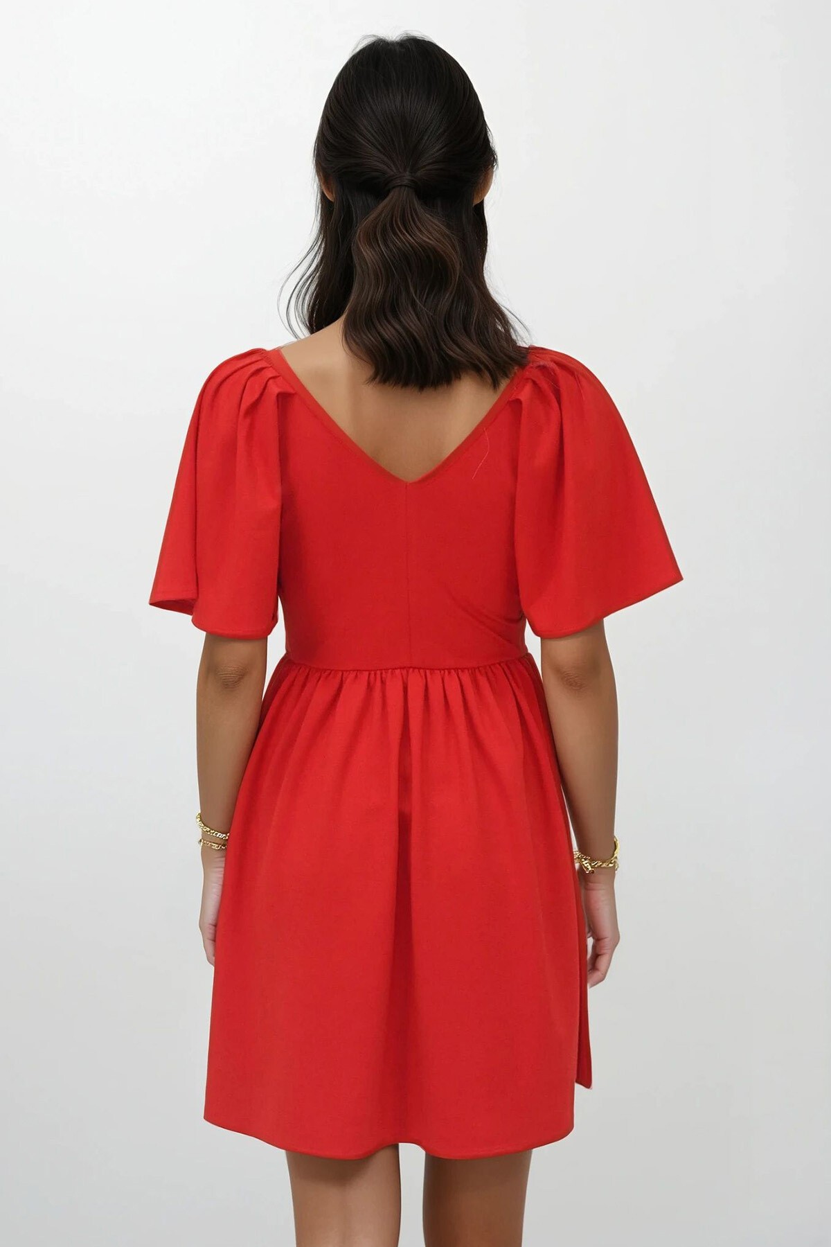 Kırmızı Ön Arka V Yaka Kısa Kol Mini Örme Elbise