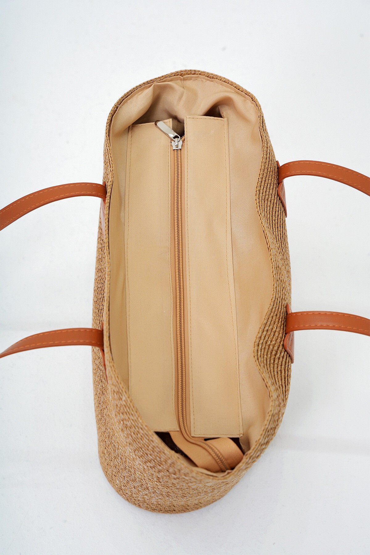 Koyu Bej Deri Kordonlu Hasır Büyük Boy Plaj Çantası