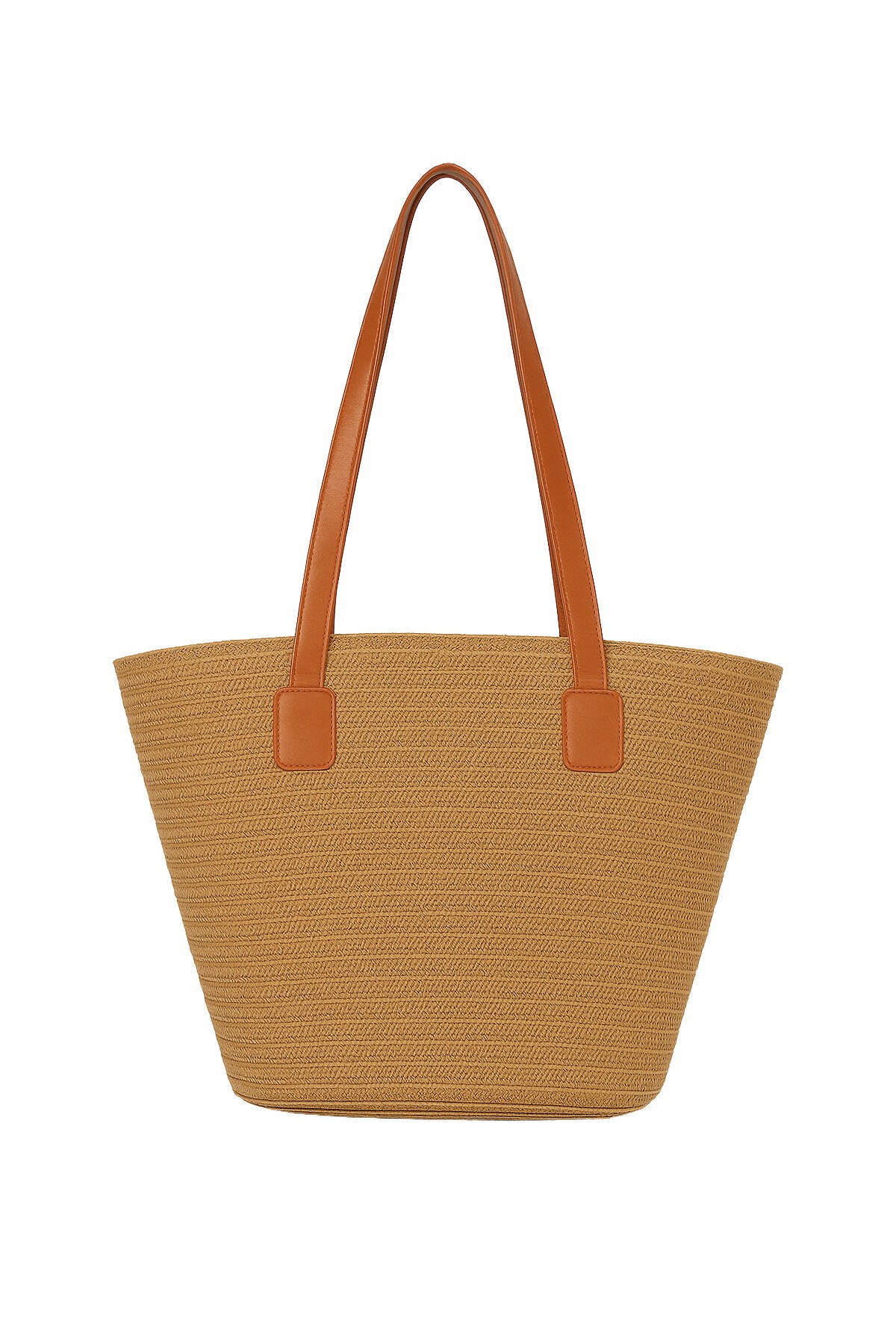 Koyu Bej Deri Kordonlu Hasır Büyük Boy Plaj Çantası