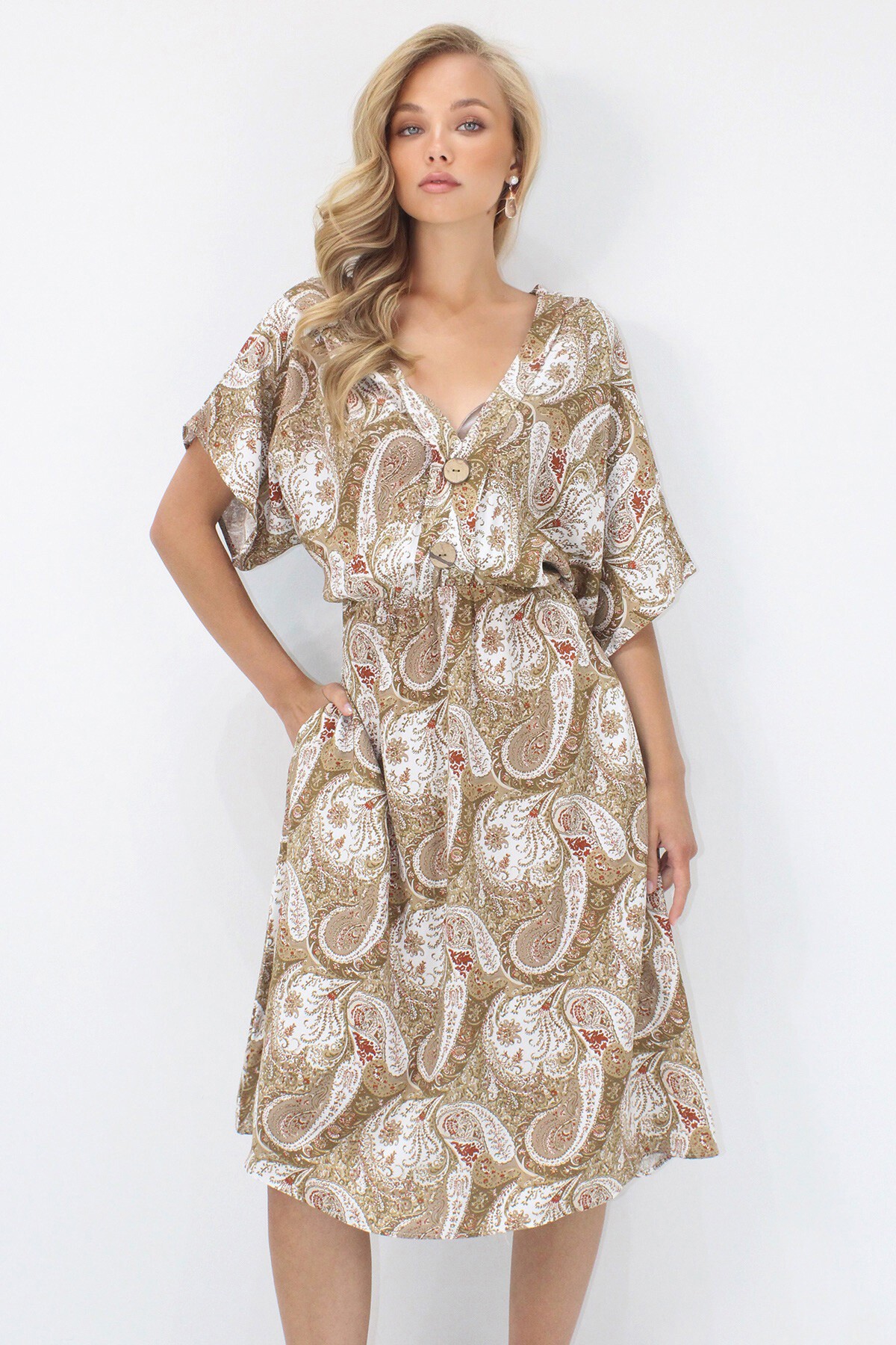 Koyu Bej Ön Arka V Yaka Coconut Düğmeli Çift Cepli Desenli Dokuma Viskon Elbise