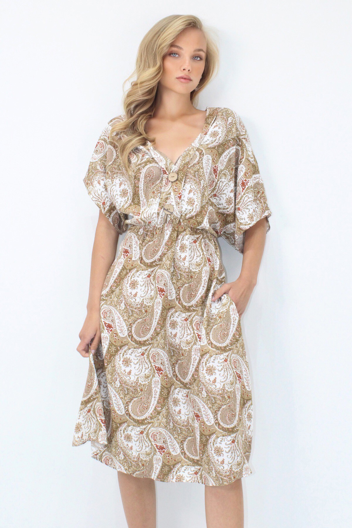 Koyu Bej Ön Arka V Yaka Coconut Düğmeli Çift Cepli Desenli Dokuma Viskon Elbise