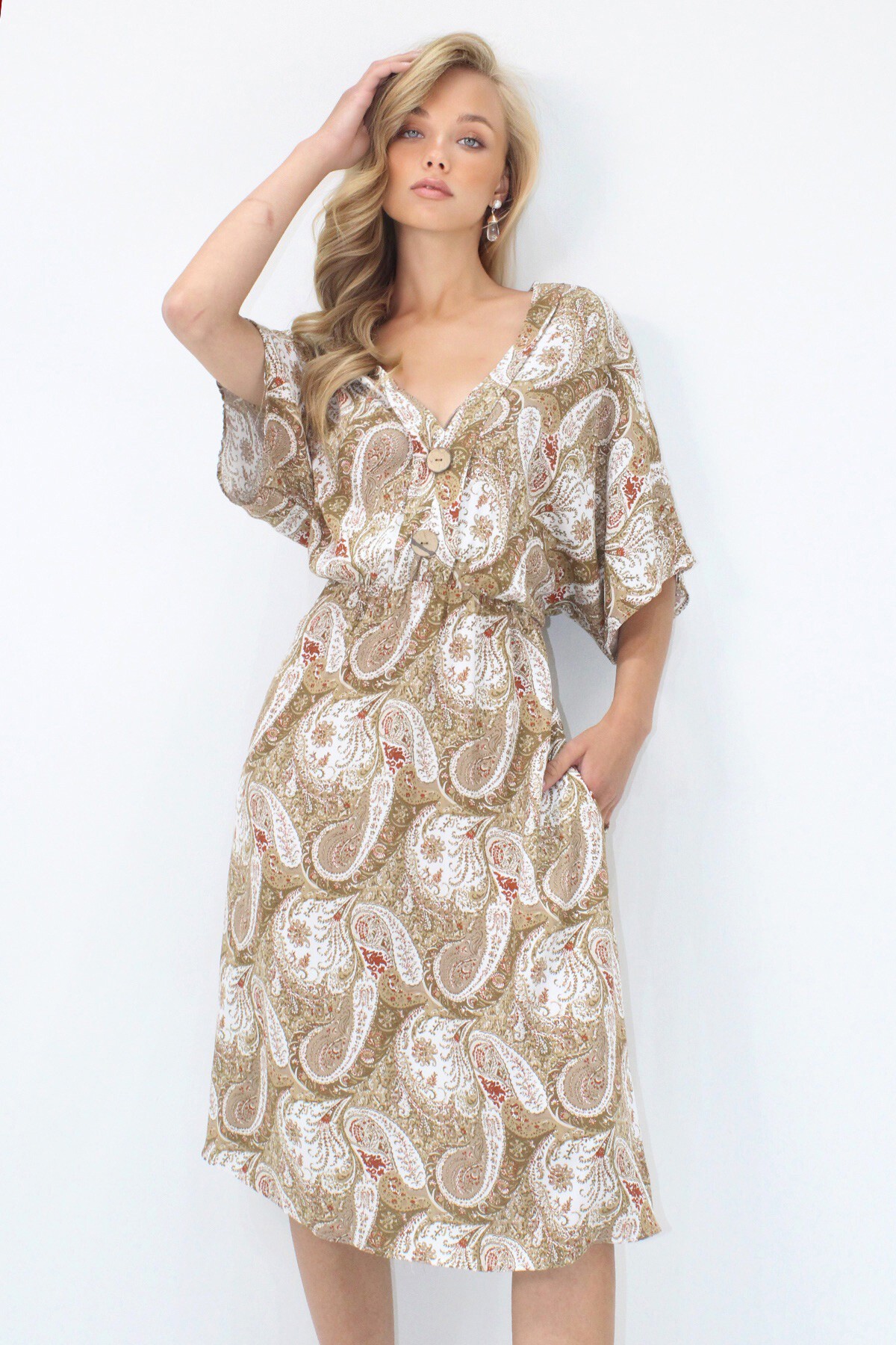 Koyu Bej Ön Arka V Yaka Coconut Düğmeli Çift Cepli Desenli Dokuma Viskon Elbise